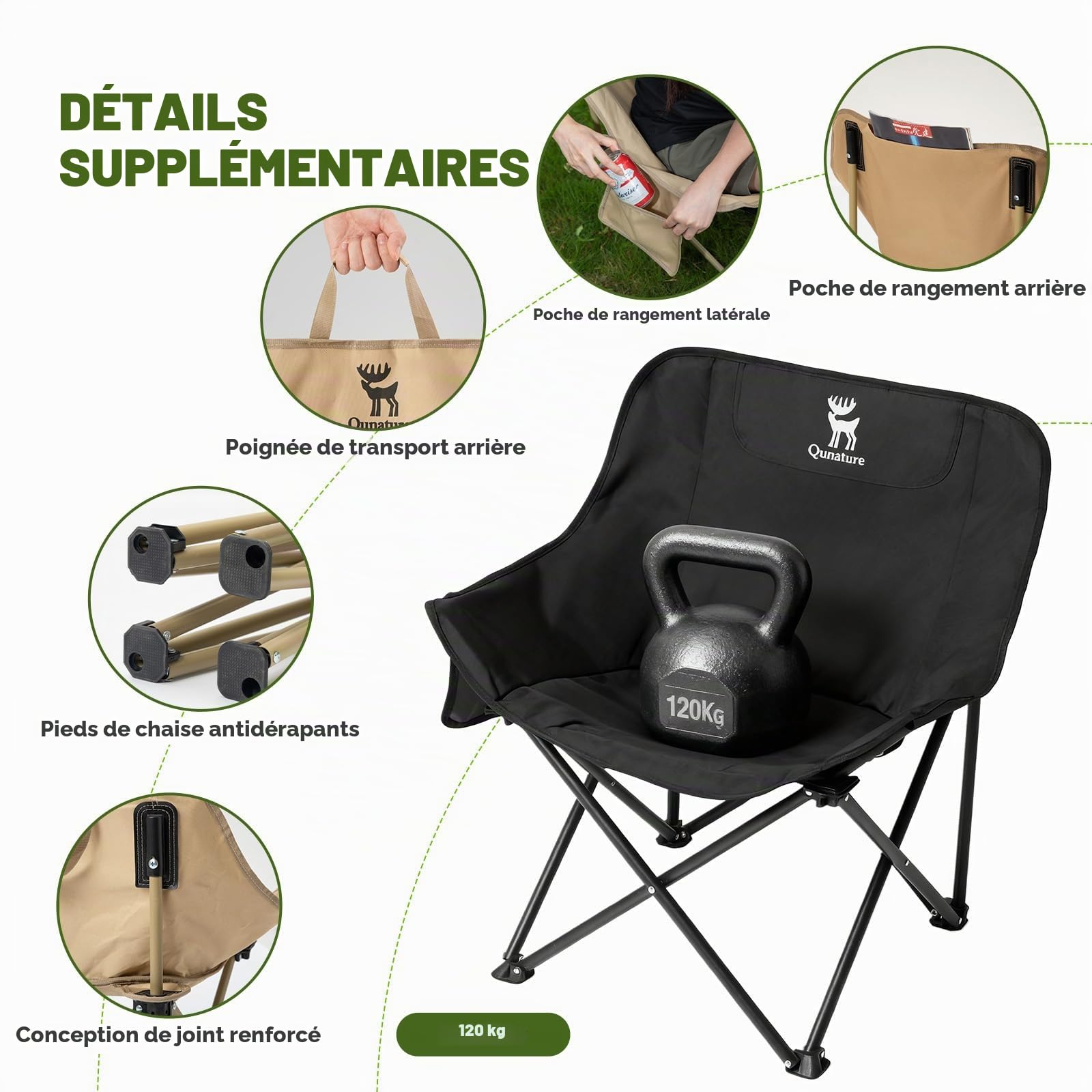Chaise Camping Adulte Pliable 120kg Noir | Chaise Plage Ultralégère avec Sac de Transport et Poche Latérale pour Randonnée, Pêche, Voyage et Outdoor