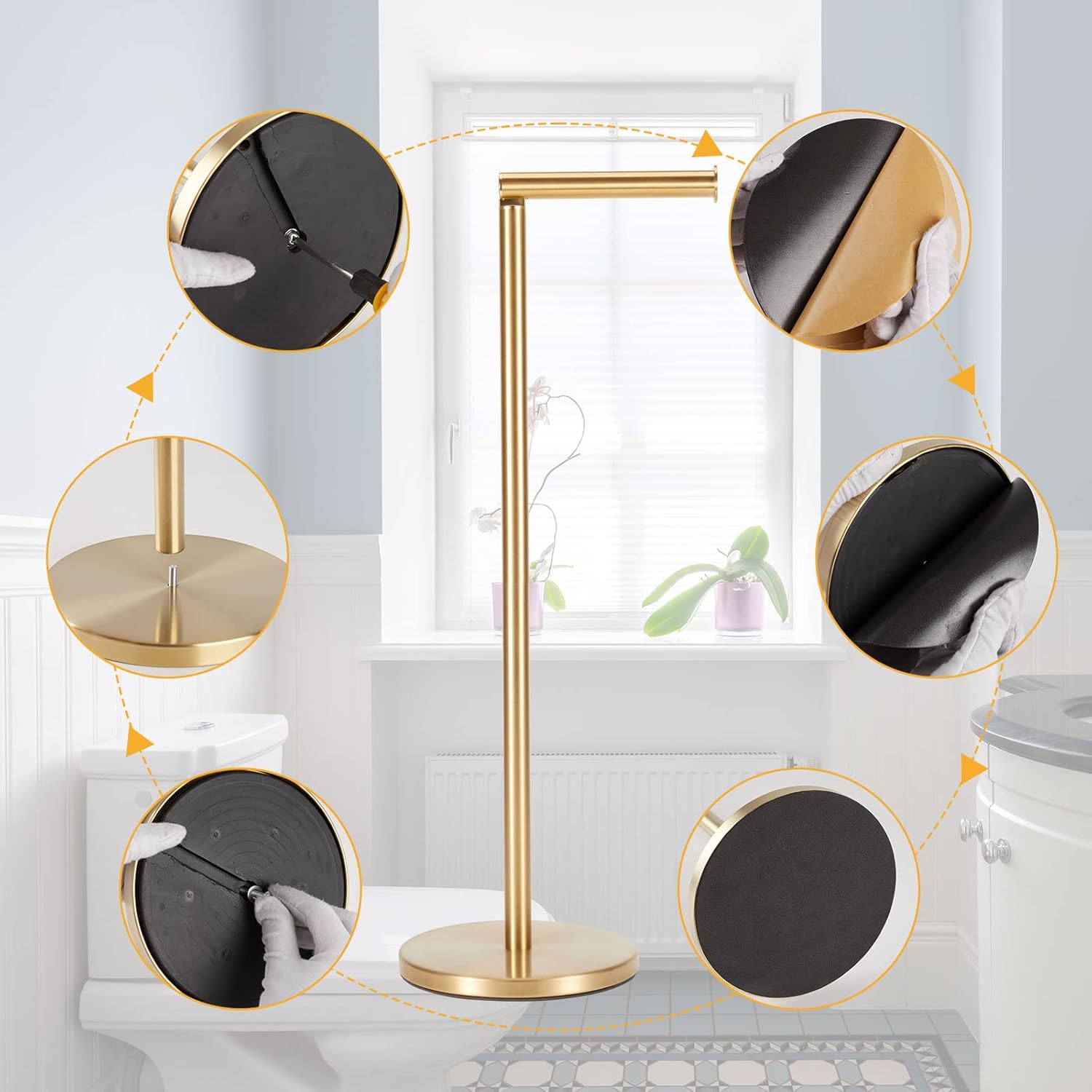 Toilet Paper Holder Stand, Bathroom Toilet Paper Stainless Steel Pedestal Tissue Roll Holder, Free Standing Toilet Paper Holder（Gold）