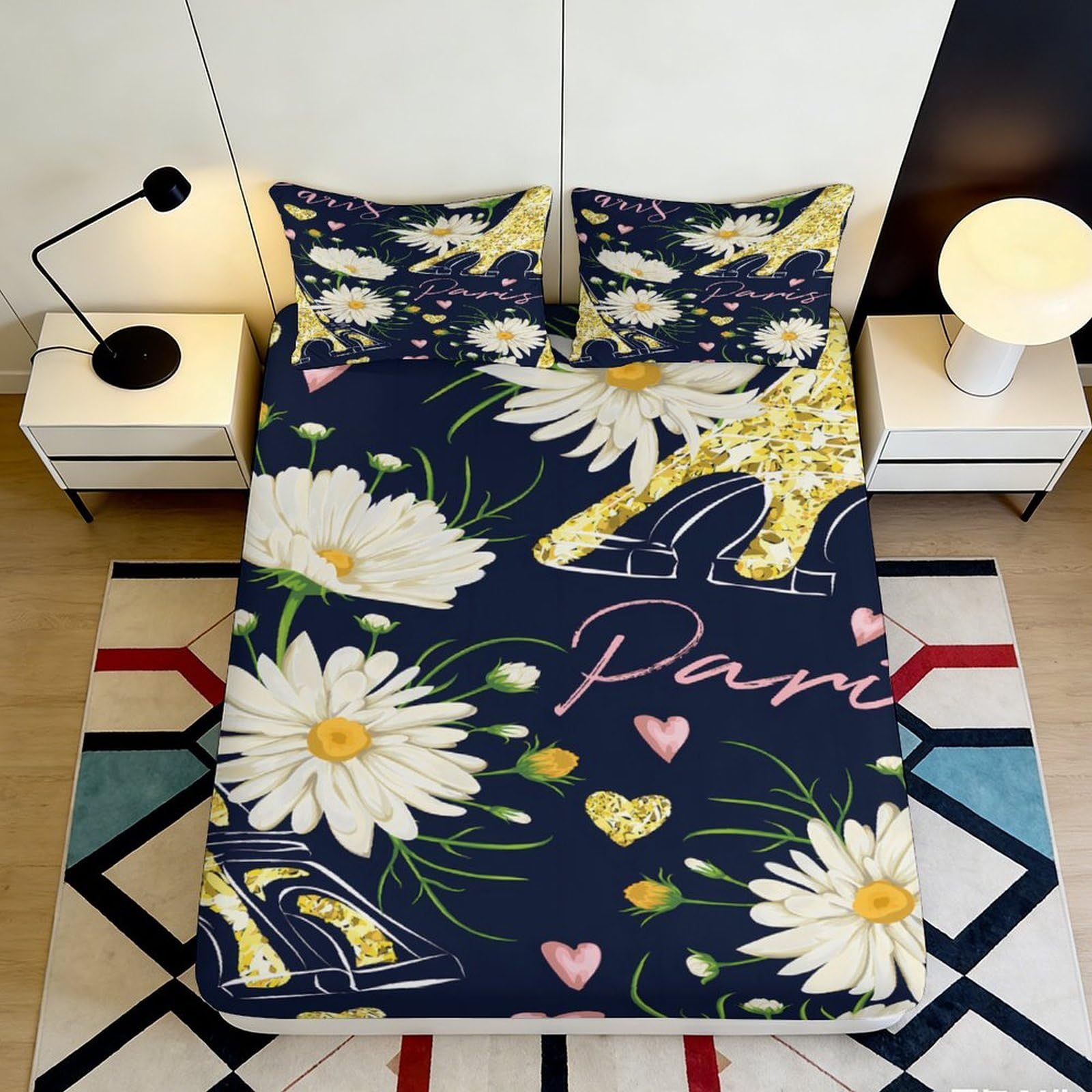 3D Printed Daisy Paris Fitted Sheet Microfiber Soft Breathable Eiffel Tower Bed Cover for Bedroom Guest Room Decor 140x200x25cm