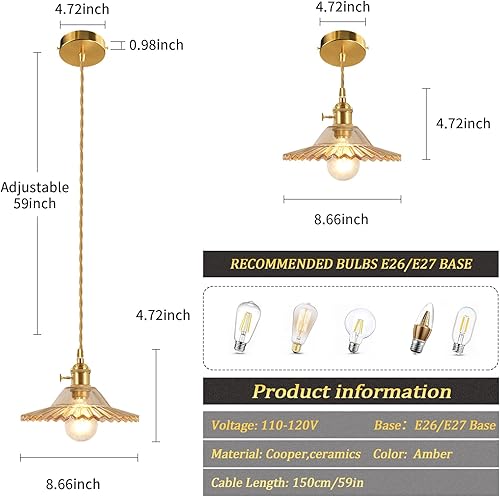 Miniatura 5 de Shenmoyl Lámpara colgante retro ámbar loto pantalla de cristal nórdico, lámpara colgante de techo con acabado de latón, lámpara de techo E26E27 con