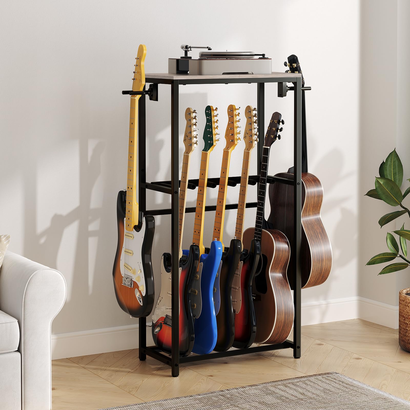 MAHANCRIS Support de Guitare, Stand Guitare à 2 Niveaux pour 5 Guitares, Idéal pour Entreposer Guitare Acoustique, Basse, Ukulélé, Tourne-Disque, Enveloppé de Mousse EVA, Gris AGSHG6501