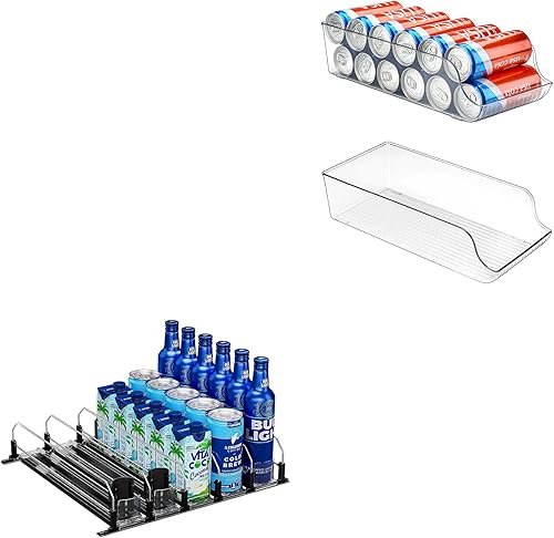 Puricon Paquete de 2 organizadores de dispensadores de bebidas delgadas para refrigerador con organizador de bebidas para refrigerador y empujador
