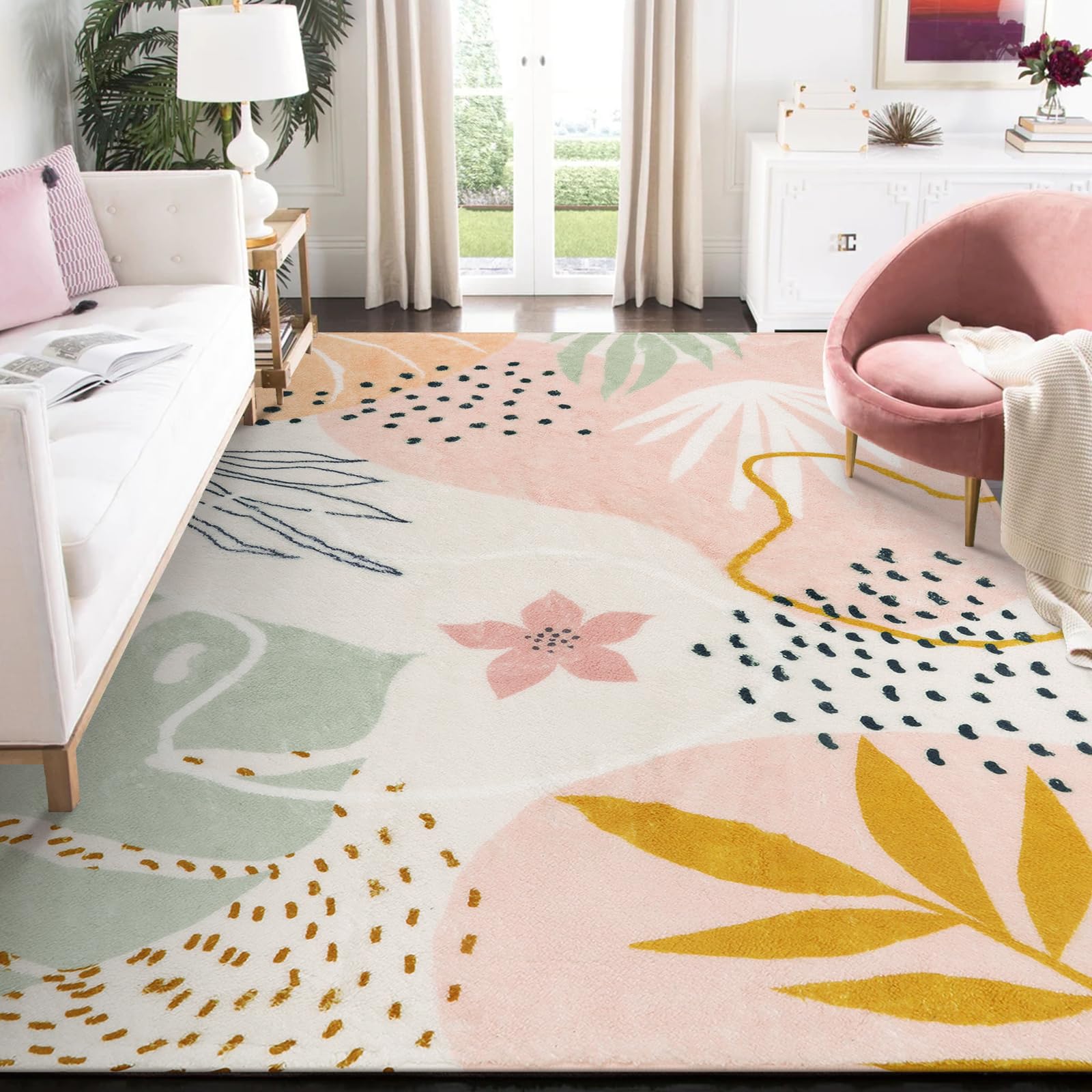 Photo 1 of ** dirt from transport**Lahome Pink 10x14 Area Rugs, Washable Ultra-Thin Large Rug for Living Room, Non Slip Throw Rug for Dining Room, Soft Botanical Print Indoor Rug for Bedroom Office Guest Room (Pink, 10'x14')