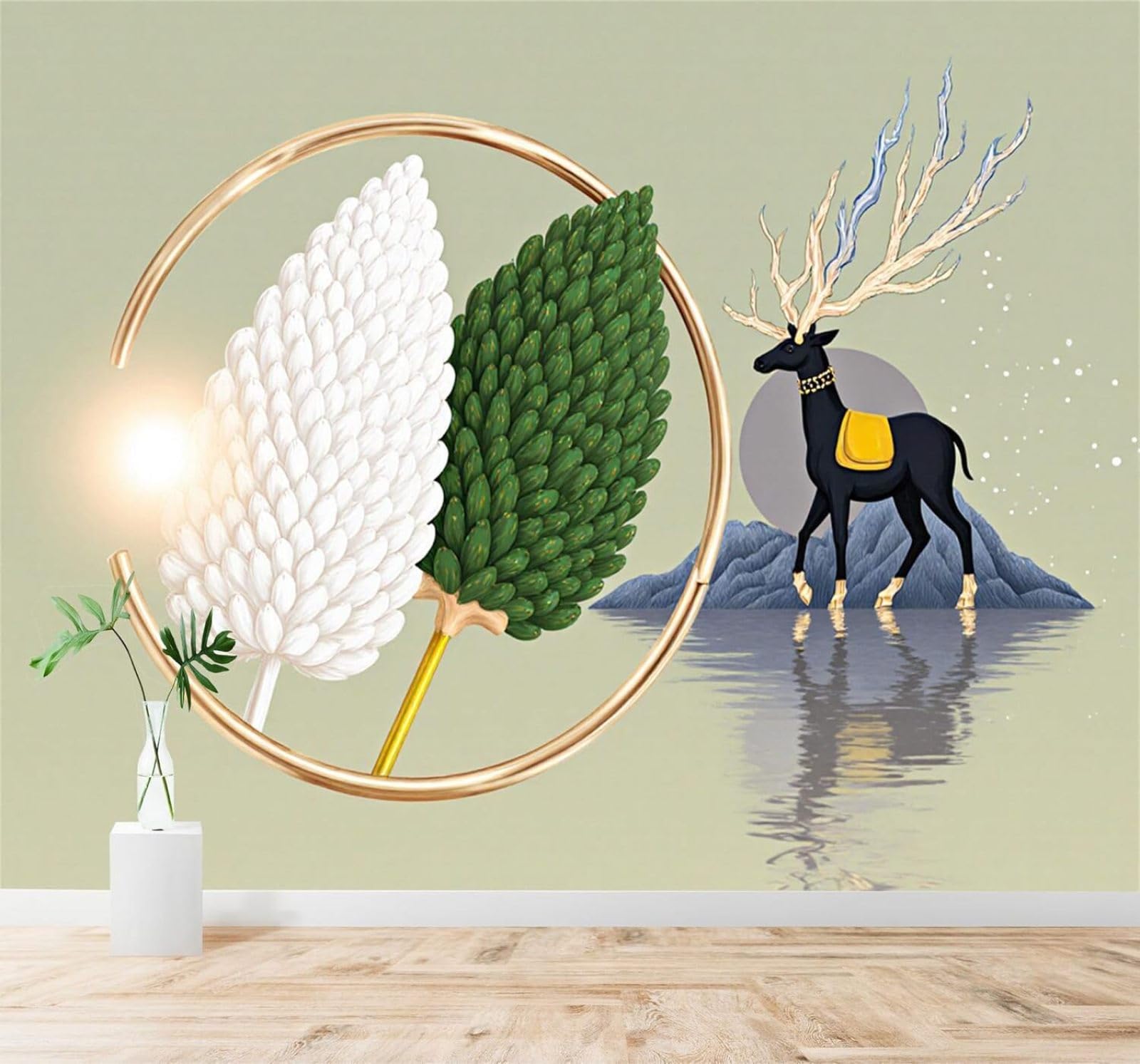 Xlming 400Cm×280Cm(B×H) Black Deer Golden Antlers Abstract Leaves Hills Reflection 3D Wallpaper Premium Textured Silk Study Dining Living Room Bedroom Sofa Tv Wall Easy Install-400Cm×280Cm