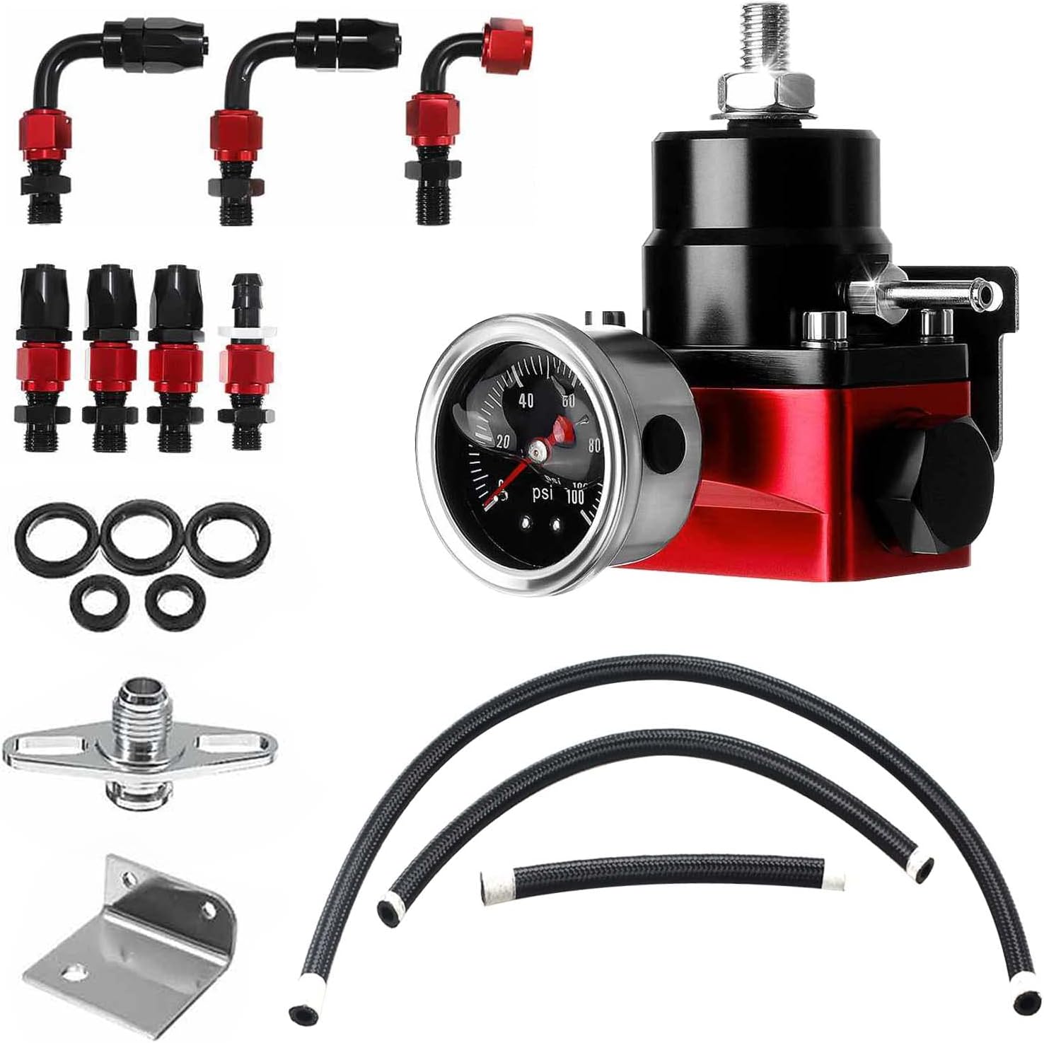 EFI Fuel Pressure Regulator Kit with Bypass Return 0-100psi Pressure Gauge AN6-6AN Fuel Line Hose Fitting Connectors Kit Adjustable Universal Aluminum Black & Red