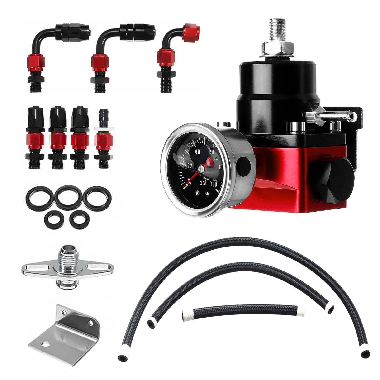 EFI Fuel Pressure Regulator Kit with Bypass Return 0-100psi Pressure Gauge AN6-6AN Fuel Line Hose Fitting Connectors Kit Adjustable Universal Aluminum Black & Red