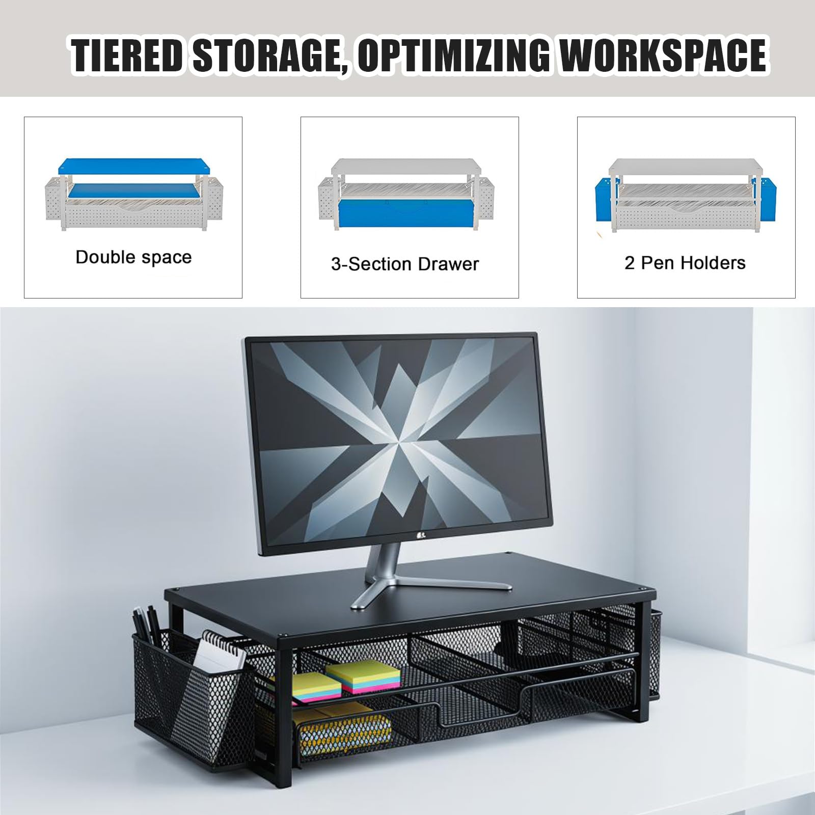Supporto per monitor con cassetto, supporto per monitor a 2 livelli con organizer da scrivania e 2 portapenne, supporto ergonomico da scrivania per display, laptop e