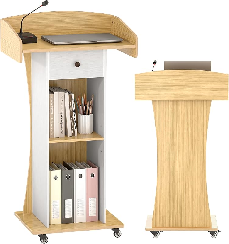 Baoz Portable Podium Stand with Lockable Wheels for Classroom(Yellow White) | Wooden Pulpit for Church with Adjustable Shelf, Mobile Teacher Lectern with Drawer, Rolling Host Stand for Office, Reception