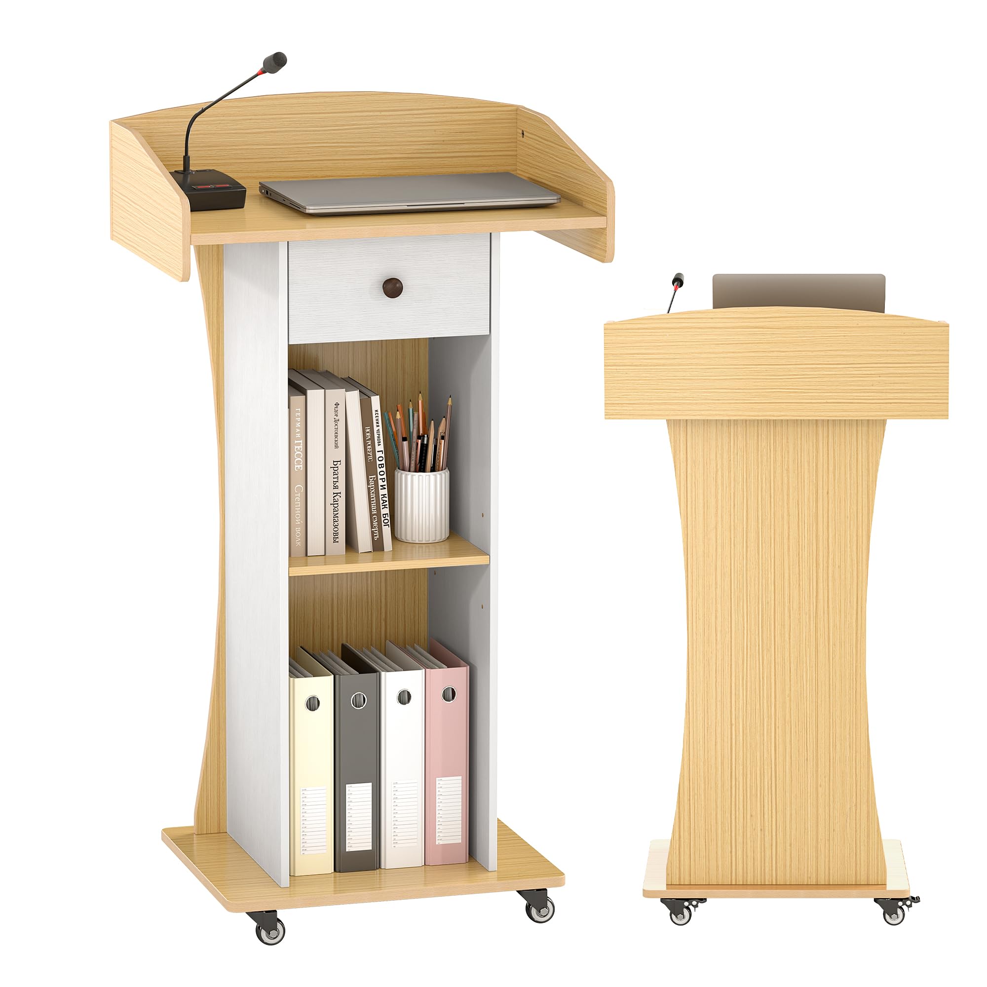 Baoz Podium Stand - Portable Pulpit with Lockable Wheels- Teacher Lectern for Churches with Adjustable Shelf Mobile Rolling Podium for Church,