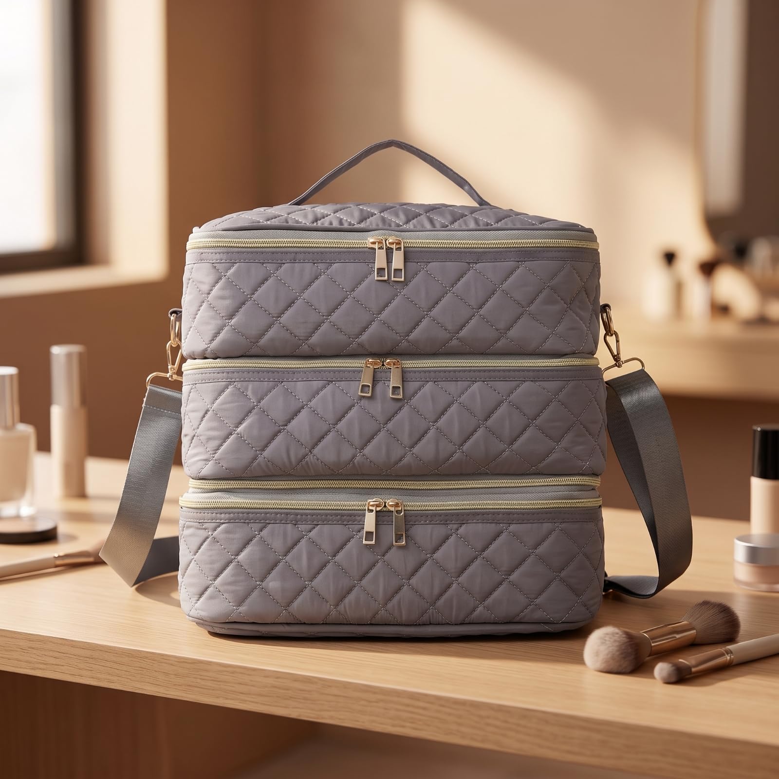 MERIGLARE Neceser con Correa Hombro ave | Multicompartimento, Bolsa Aseo con Compartimento, Organizador, para Hogar, Viajeros, Gris