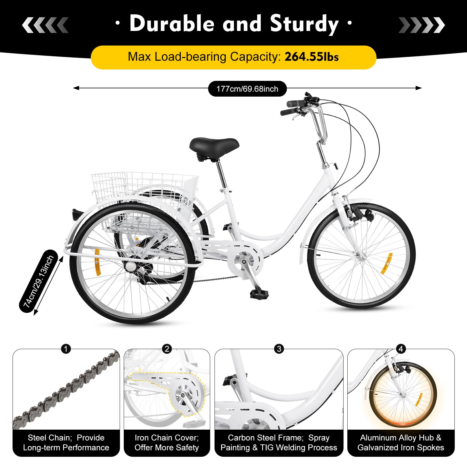 ROGONPDK Tricycle 24 pouces pour adulte 3 roues 6 vitesses Vélo adulte Tricycle Blanc Tricycle pour personnes âgées Vélo pour personnes âgées Vélo avec panier