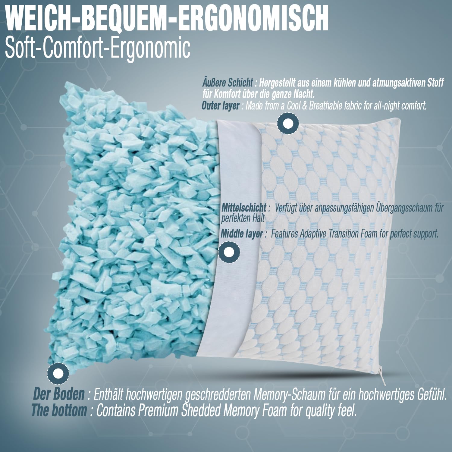 Alkamto Verstellbares Gelkissen – 73x48cm Kühlendes Memory Foam Kopfkissen mit Doppelseitigem Ice Silk & Viskose Bezug – Ideal für Rücken-, Bauch- und Seitenschläfer – Queen Size für erholsamen Schlaf