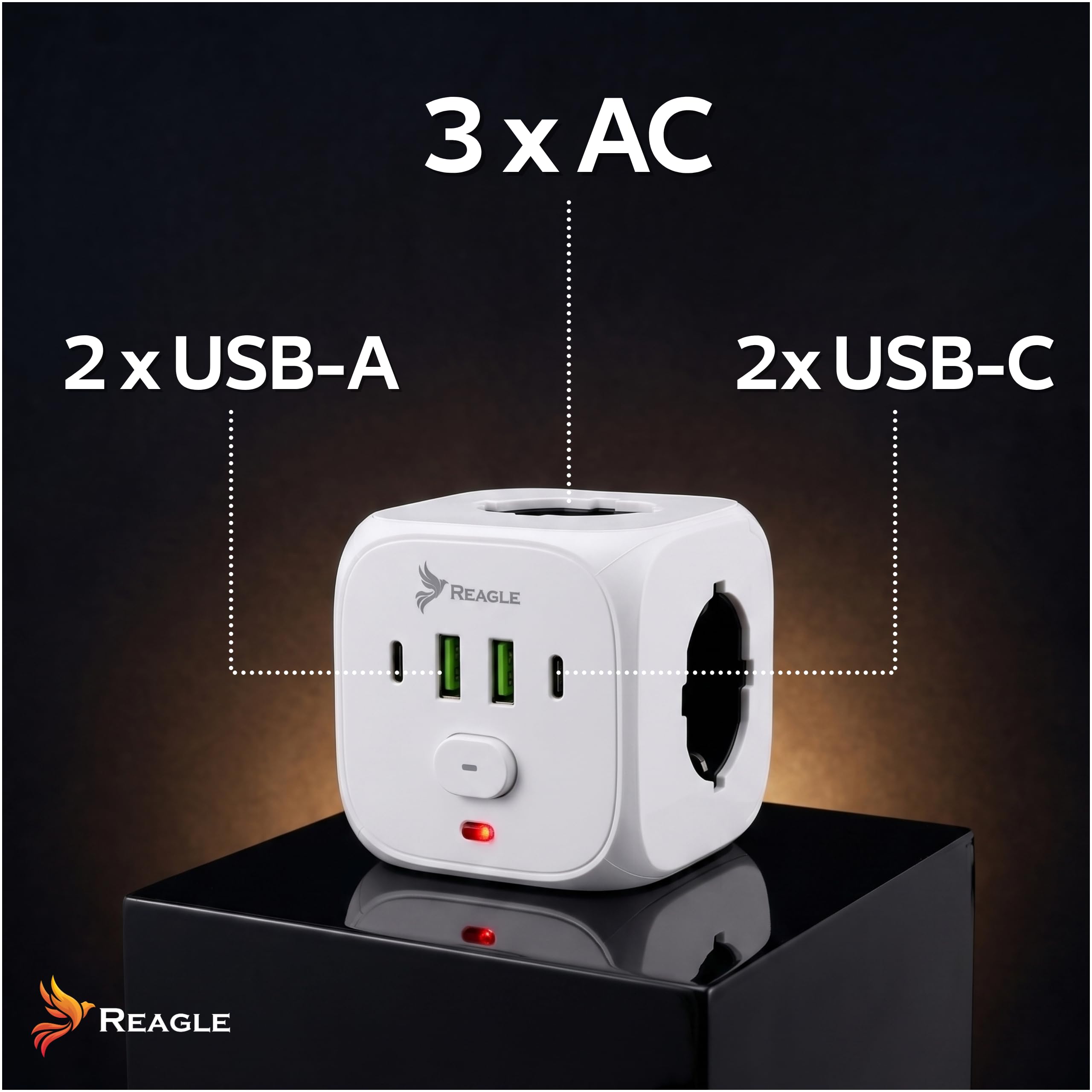 Reagle Kostka Zasilająca Bez Kabla 3 Gniazda 230V, Rozgałęźnik Do Gniazdka z USB 2x USB A 2x USB C, Listwa Zasilająca Cube, Włącznik ON OFF, 2500W, Do Domu Biura Podróży, Biała