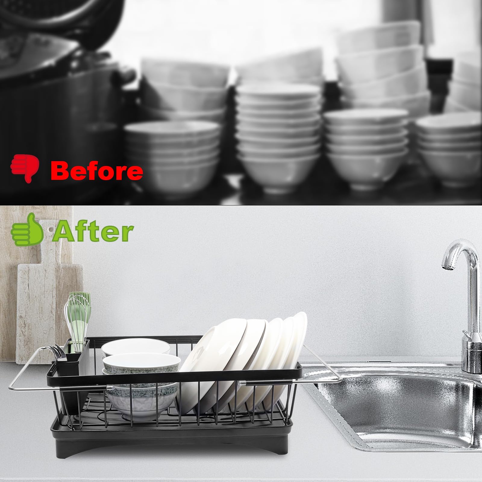 cutesun Escurridor de platos que ahorra espacio, para encimera de cocina y fregadero, estante de secado inoxidable con soporte grande para utensilios y pies aumentados, 15 pulgadas de profundidad x 11