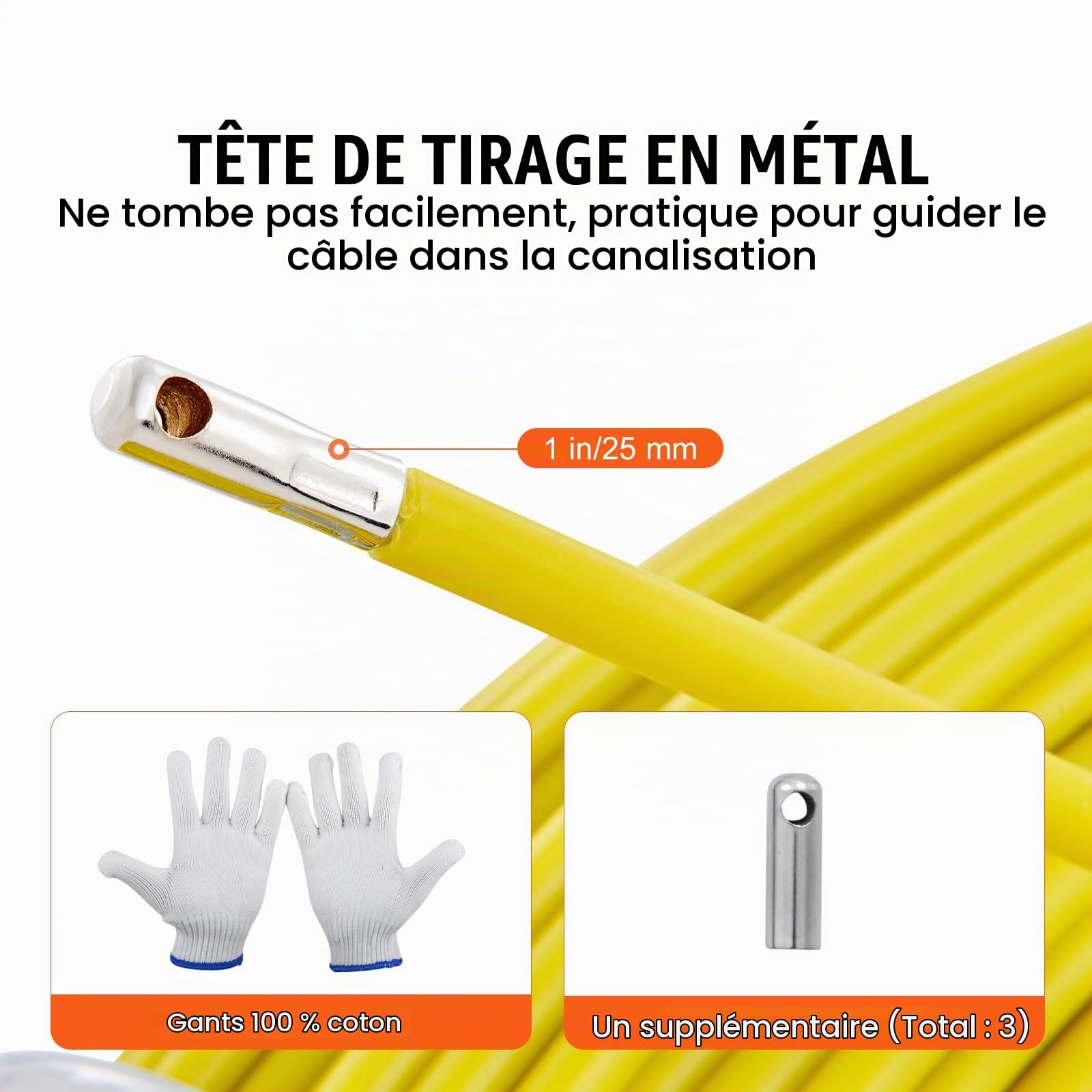 VEVOR Ruban à Poisson en Fibre de Verre 150 m 7,9 mm Aiguille Électricien de Tirage Fil Câble Électrique Extracteur Bobine de Conduit Support Acier 2 Têtes de Tirage pour Mur Conduit Non Conducteur