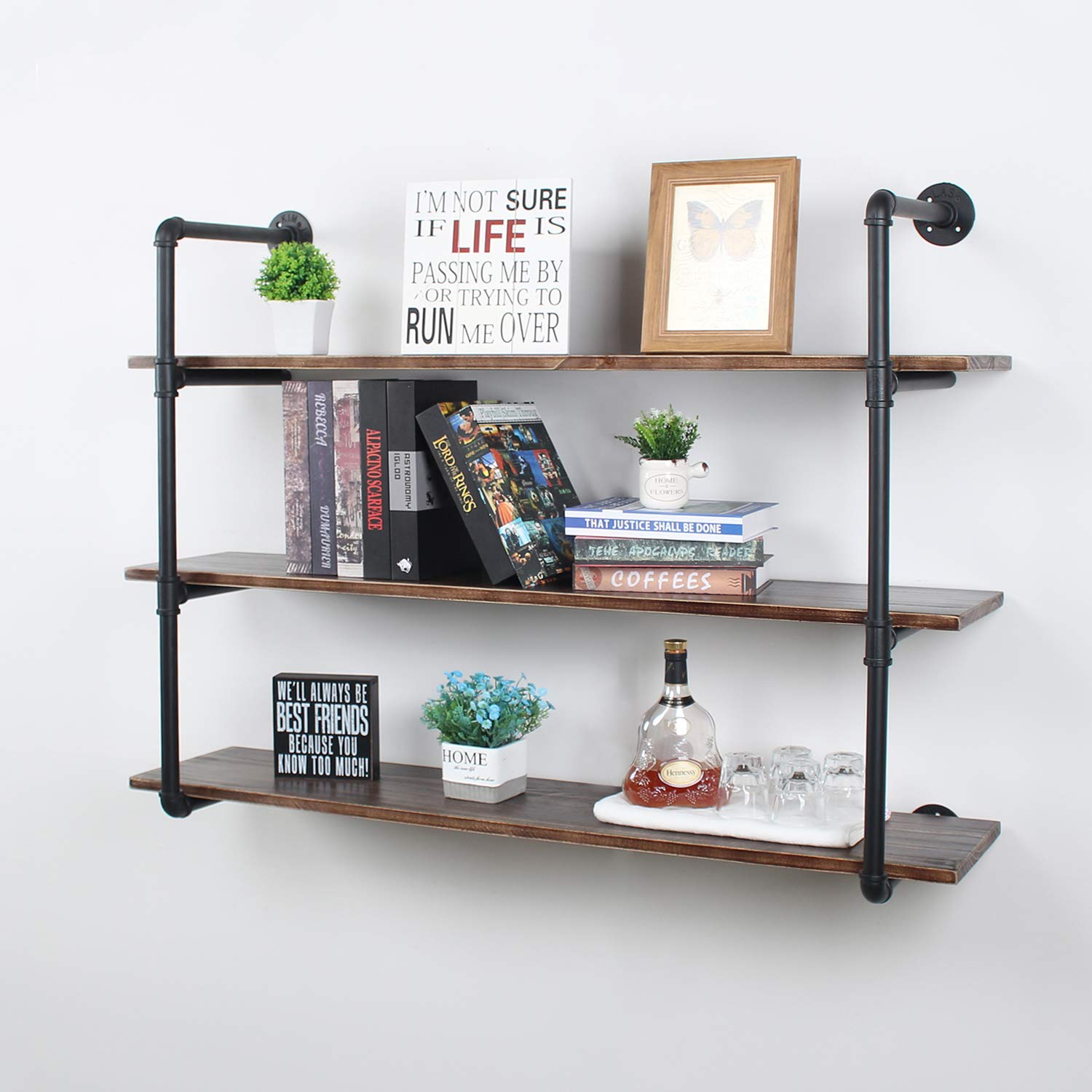 Buy Industrial Pipe Wall Shelf,3Tiers Wall Bookshelf,48in Rustic Wall