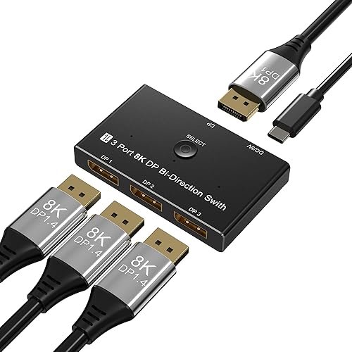 Conmutador DisplayPort 8K DP 1.4 de 3 puertos Convertidor divisor bidireccional 8K 30Hz 4K a 120Hz para múltiples fuentes y pantallas.