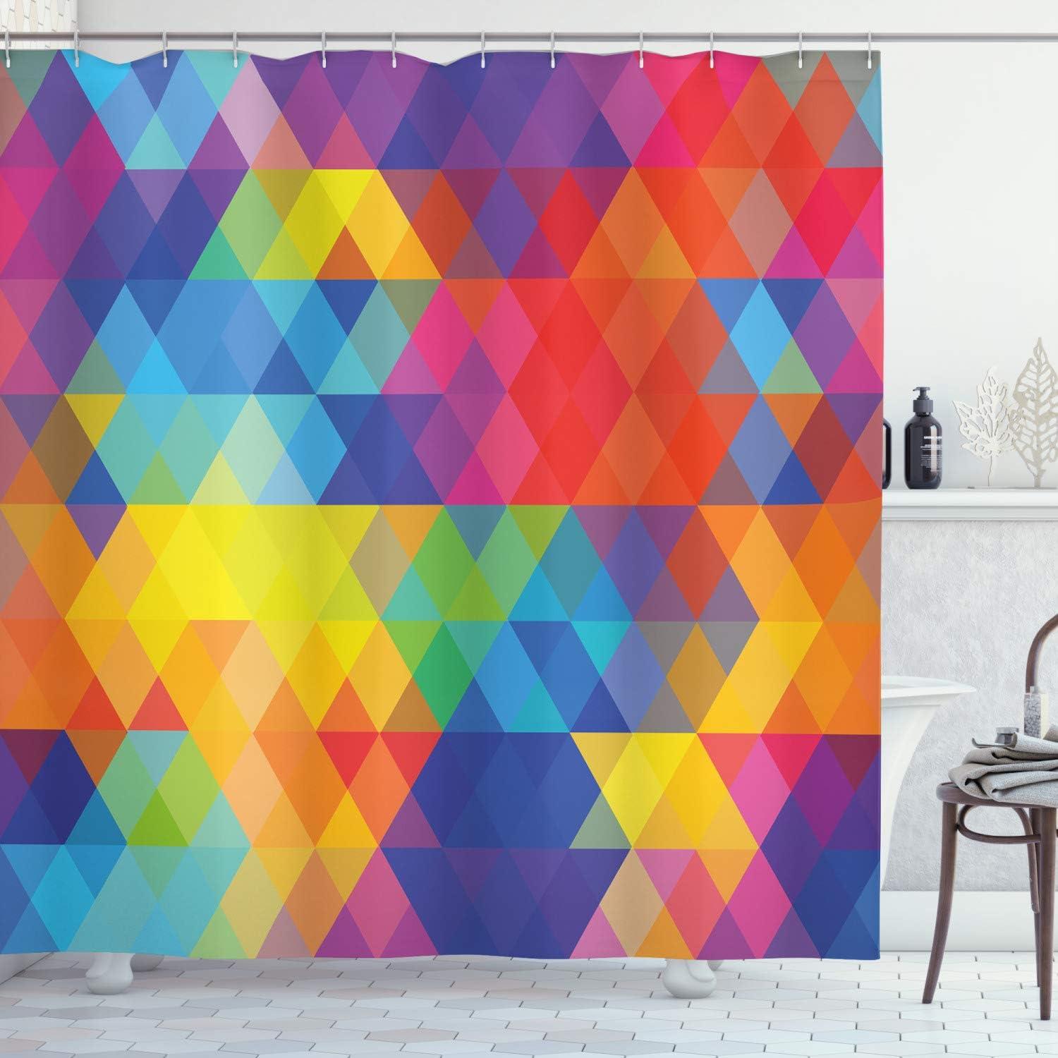 Ambesonne Digital Shower Curtain, Abstract Colorful Image Mosaic Blurry Bee Hive Like Geometric Lines Image Art, Cloth Fabric Bathroom Decor Set with Hooks, 69" W x 70" L, Multicolor Pink Apricot