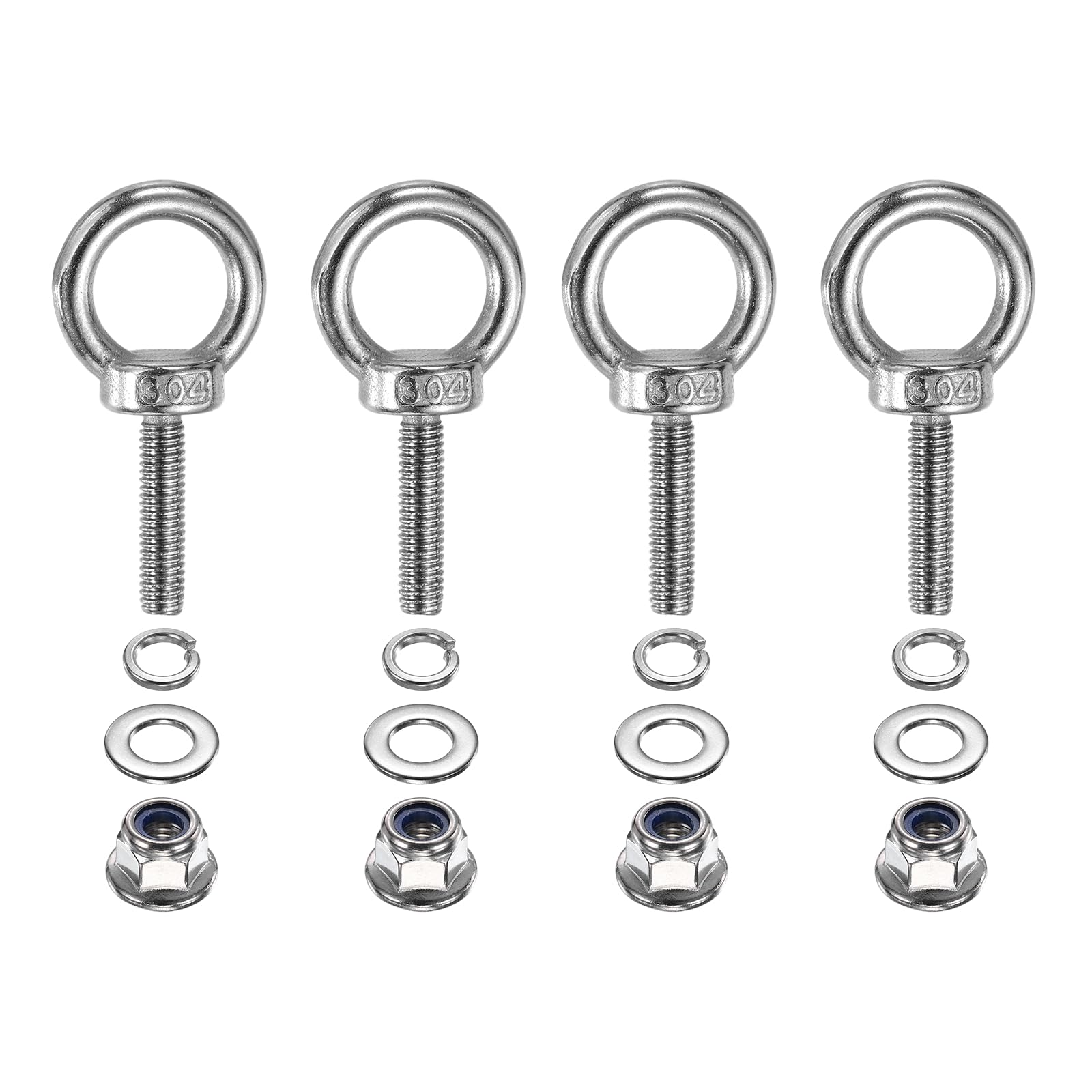 PATIKIL M6 x 25mm Shoulder Eye Bolt, 4 Pcs 304 Stainless Steel Lifting Ring Threaded Eye Bolt with Flange Lock Nuts Spring and Flat Washers for Hanging Tie Down Straps Outdoor Indoor