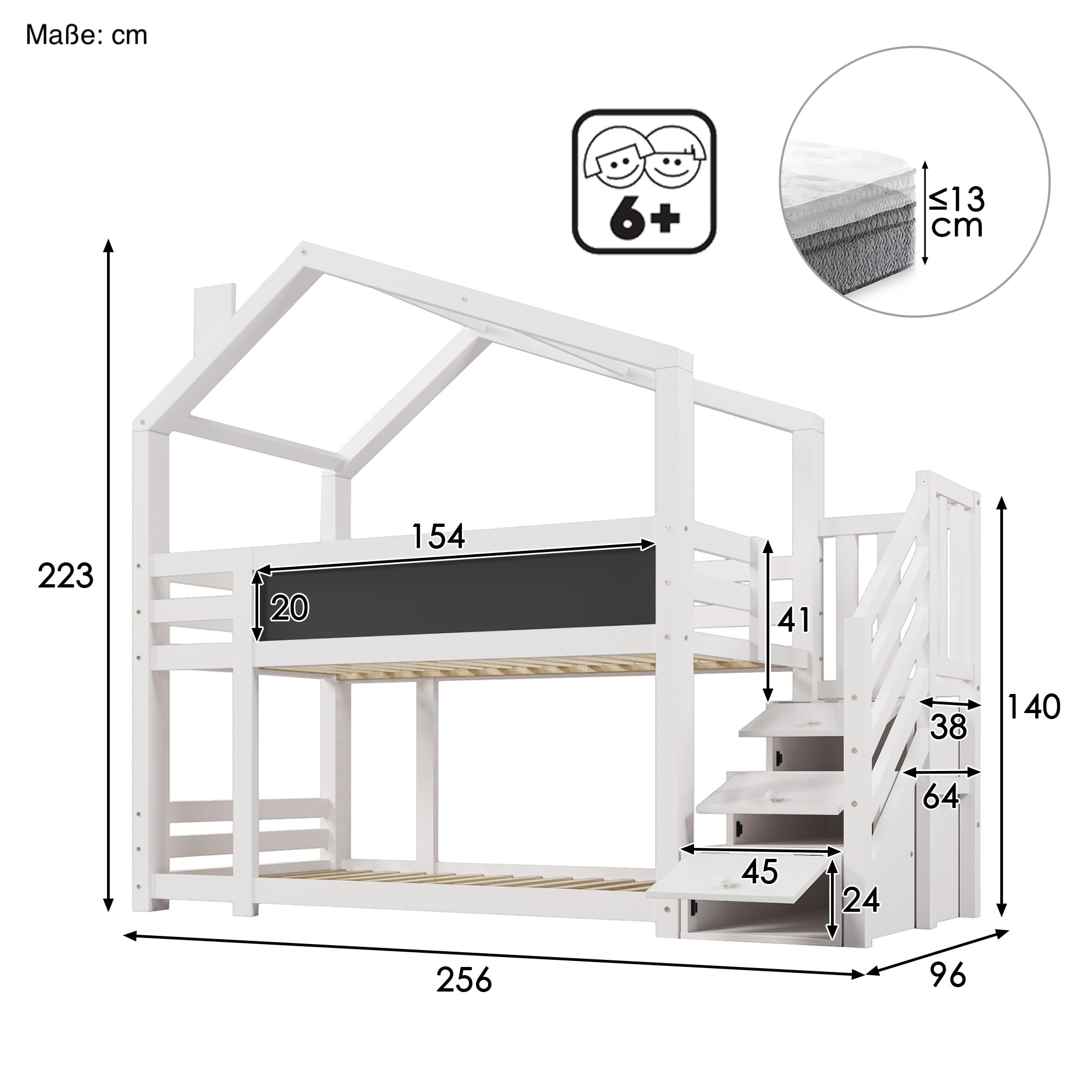 Letto a castello, Cameretta Letti 90 x 200 cm, Culla con 2 Posti Letto e Rete a Doghe, Letto a Soppalco in Pino, con Protezione Anti-caduta