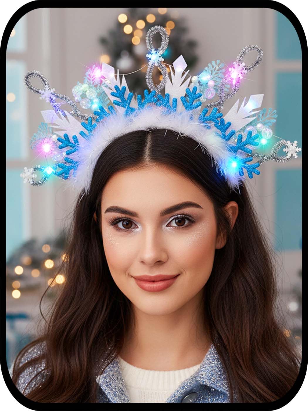 Urieo Light-Up Snowflake Crown Headband with LED Lights, White and Blue Christmas Holiday Headpiece with Feathers
