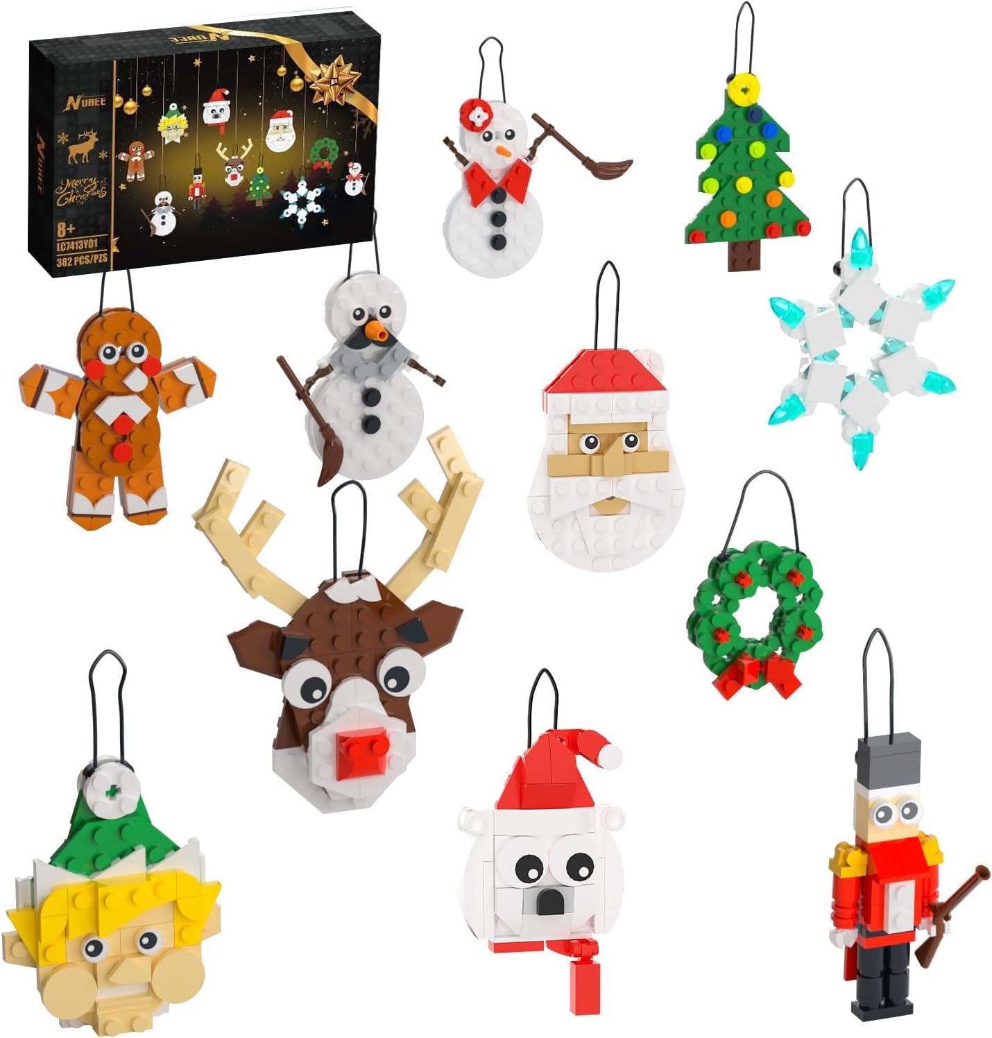 Tenhorses Christmas Tree Ornament 11-in-1 Building Sets, Wreath, Santa, Snowman, Nutcracker, Polar Bear, Gingerbread, Reindeer, Snowflake, Hanging