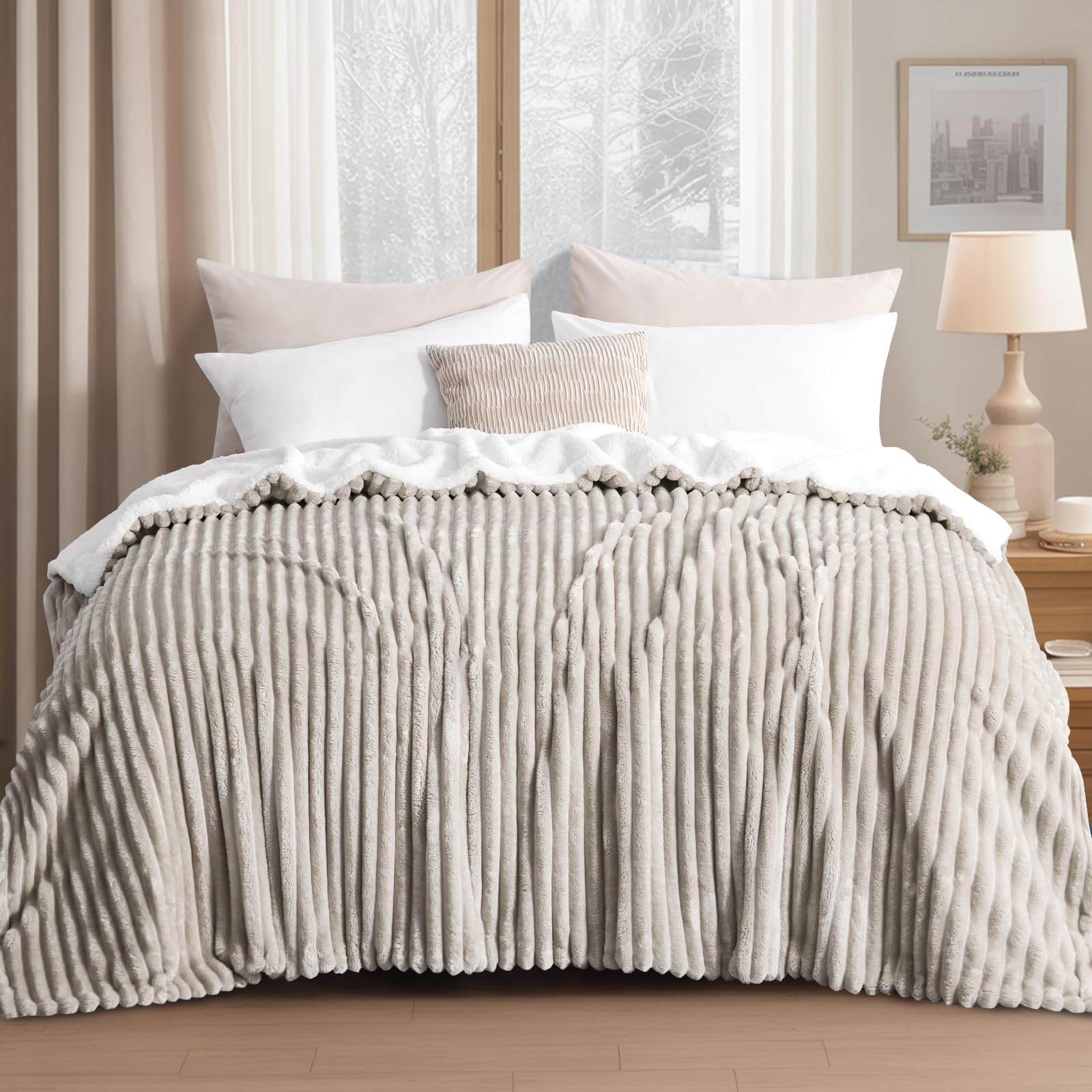 RUIKASI Manta Polar 220x240 Invierno - Cama Grande, Cubresofá Sherpa Suave 2 Personas Cálida, Beige