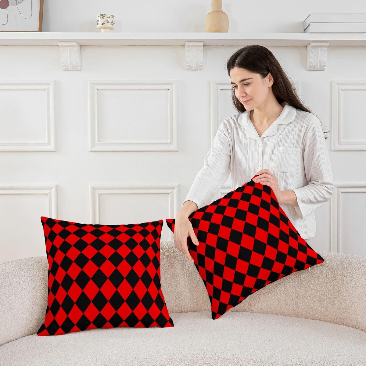 Feelyou Diamond Plaid Throw Pillow Covers Set of 2 Buffalo Check Cushion Covers Vintage Red Black Pillow Case for Couch Sofa Cushion Case Kids Boys Girls Bedroom Decor 24 x 24-Inch
