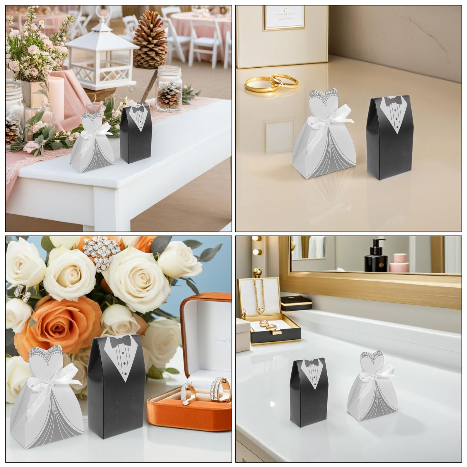 jojofuny 200 Cajas para Bodas Forma de Esmoquin y Vestido Cajas de Dulces Decorativas Plegables 200 Piezas para Regalos y Decoración de Fiesta Nupcial