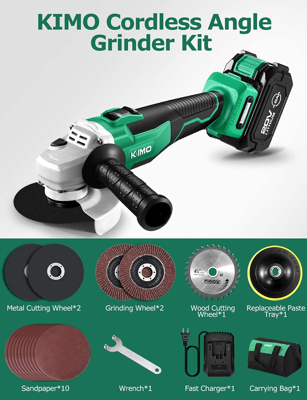 Cordless Grinder KIMO 20V Cordless Angle Grinder w/ 4.0Ah LiIon