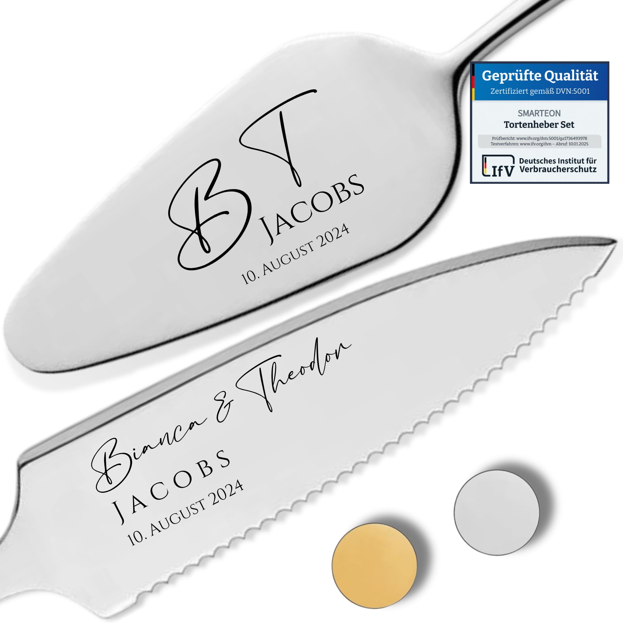 SMARTEON Cake-Server Set mit Tortenmesser und Personalisierter Gravur Initialen – Hochzeitsgeschenke für Brautpaar, Geburtstag, Jubiläum, Geschenkidee für Paare – Siberfarbenes Set in Geschenkbox