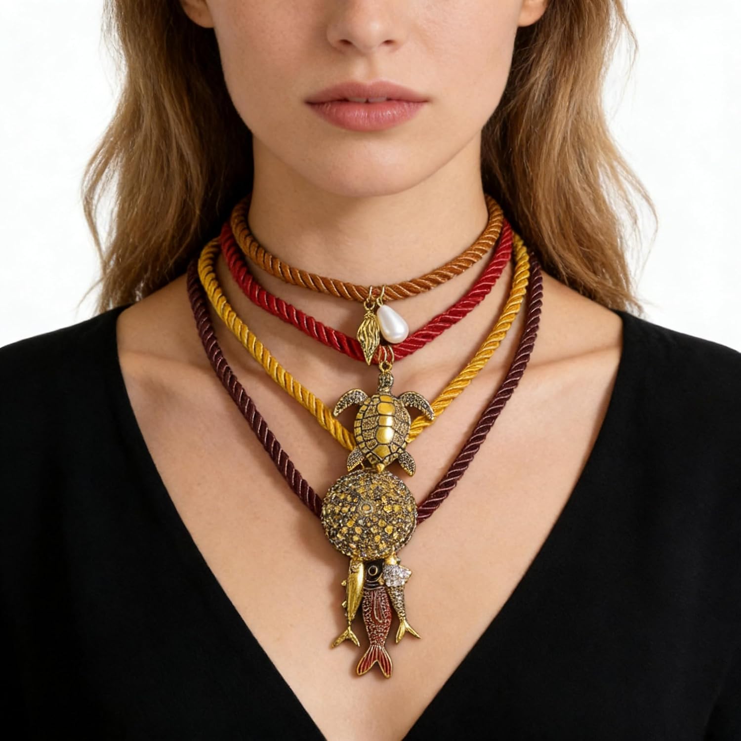 Vintage 4-Layer Conch Turtle Shell Fish Pendant Necklace for Women, Oceanic Charm Layered Rope Necklace, Boho Beach Jewelry Gift - Image 3