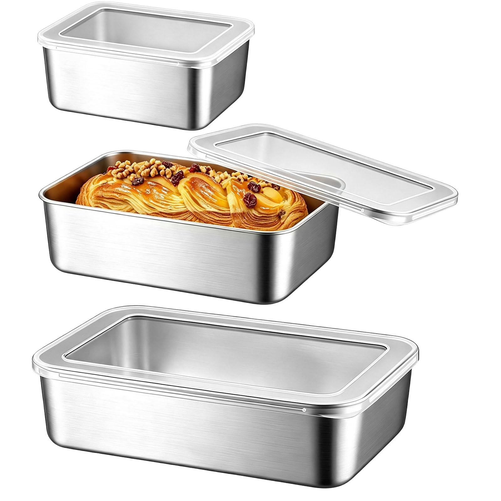 Stainless Steel Loaf Tins Set of 3 with Lids, Small Baking Pans & Food Storage Containers (650ml, 1100ml, 1700ml), Non-Toxic 304 Baking Trays for Banana Bread, Cake & Meal Prep, Oven & Dishwasher Safe