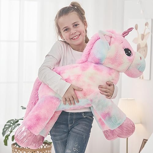 Miniatura 4 de Tezituor Juguetes de peluche de unicornio gigante de 32 pulgadas, lindos animales de peluche de unicornio rosa arcoíris, decoraciones de cumpleaños