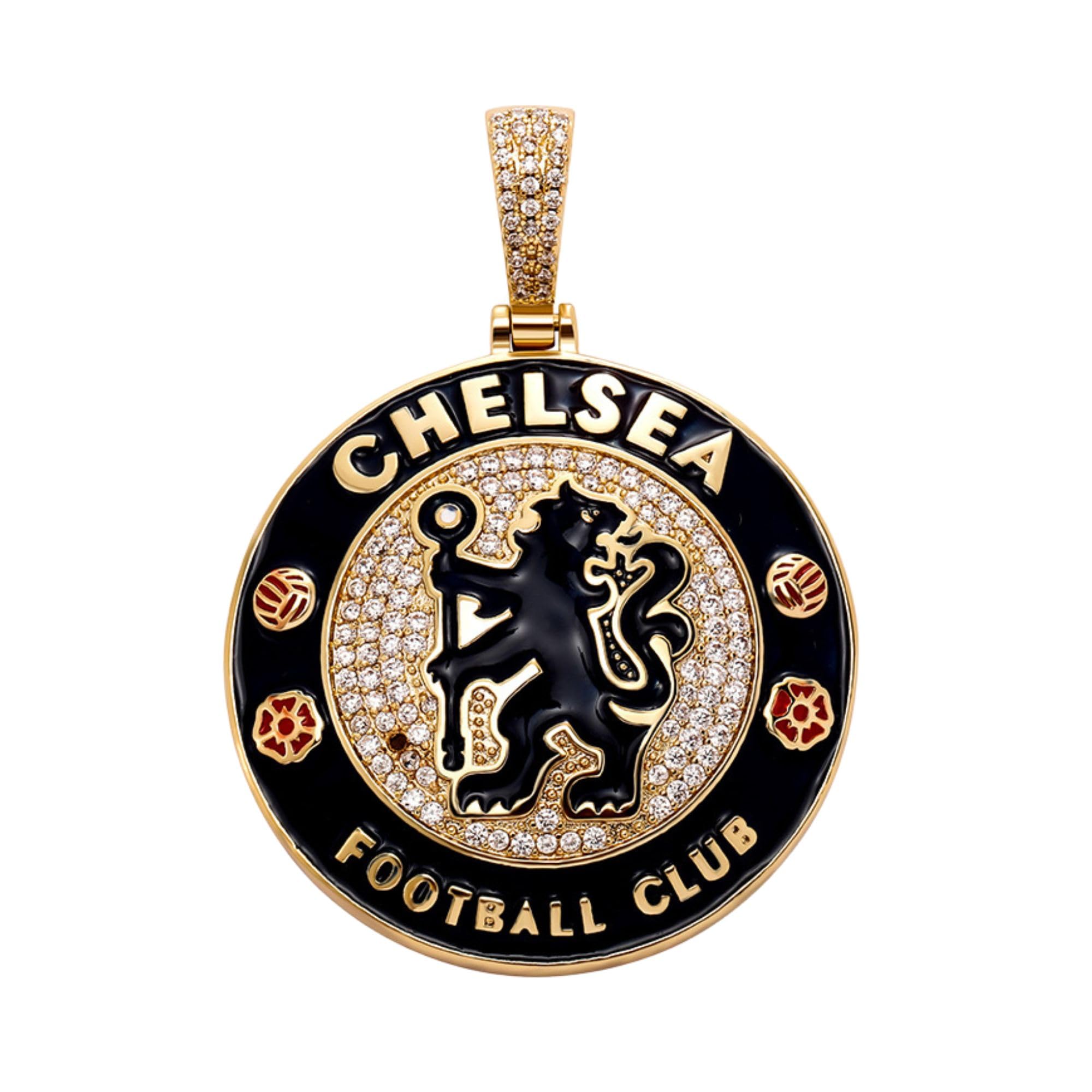 Official Football Team Pendant |18K Gold Plated Silver Sterling 925 Pendant Badge Necklace with Cubic Zirconia Diamonds | ICED OUT | | Hip Hop| for Men & Women | Luxury Gift (Chelsea F.C)