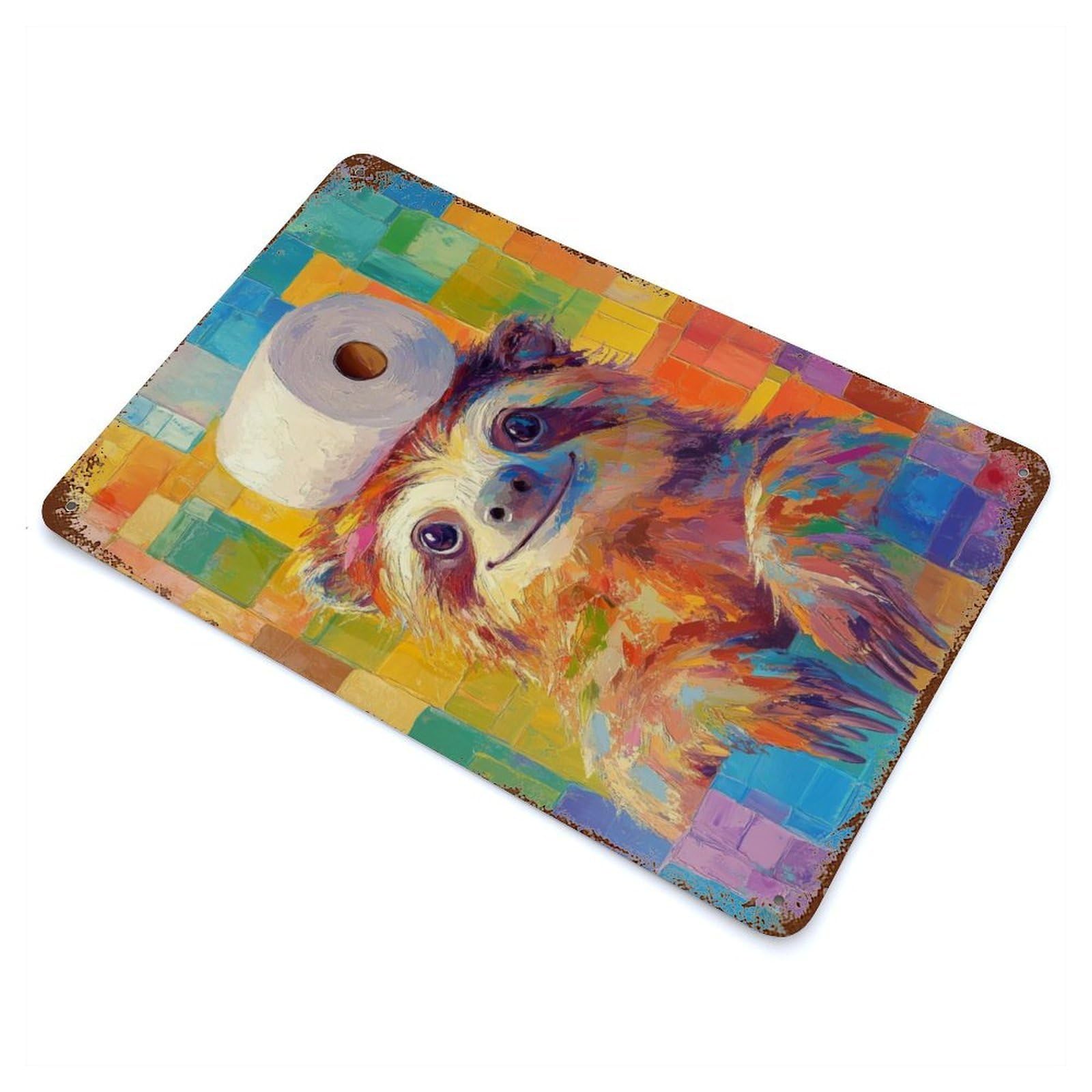 Sloth with Toilet Paper Retro Metal Sign 11.8"x7.9", Vintage Wall Decor for Garage, Pub Or Kitchen
