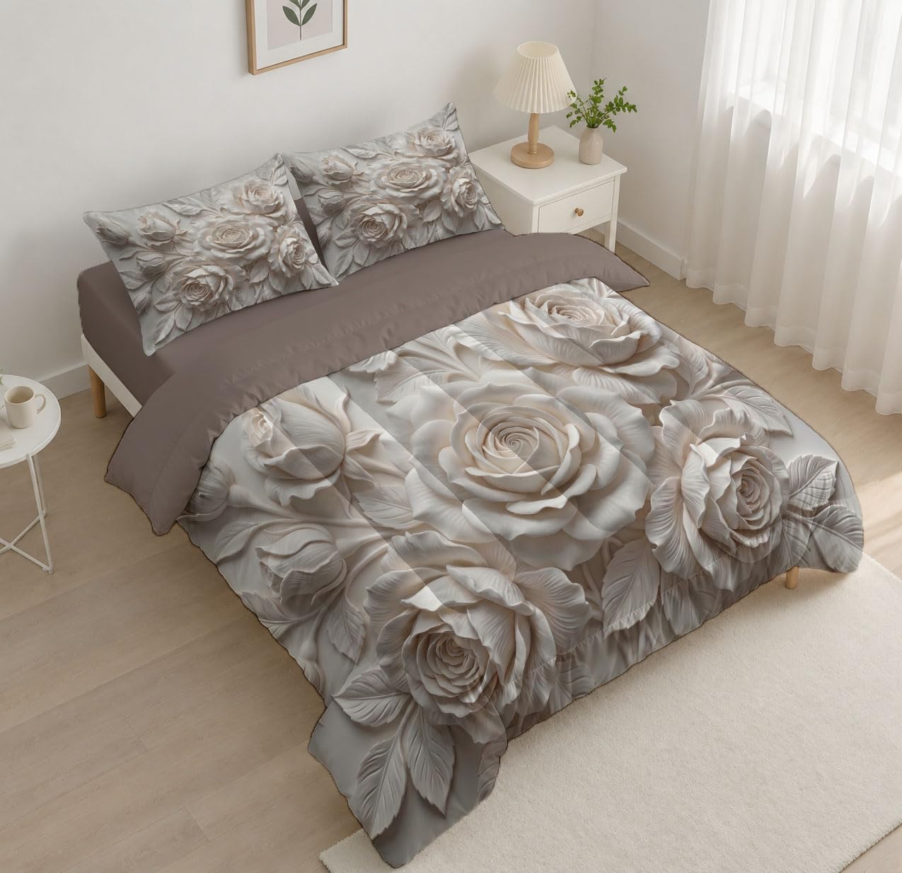 Piumone 2-In-1 Letto Singolo 140X200 Cm Rilievo Tridimensionale Di Una Rosa Elegante | Trapunta E Piumino Reversibile 4 Stagioni, Arte Botanica Nordica, Copriletto Lavabile Morbido Leggero, Beige