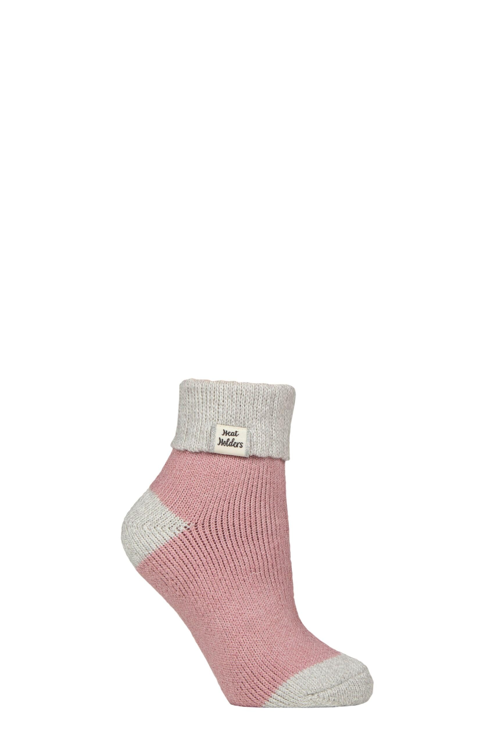 Heat Holders Women's Silver Twist / Rose Blush Sleep Socks With Rib Turn Over Cuff, Warm Cosy Fleece Inside 1 Pair Pack - Silver Twist/Rose Blush 4-8