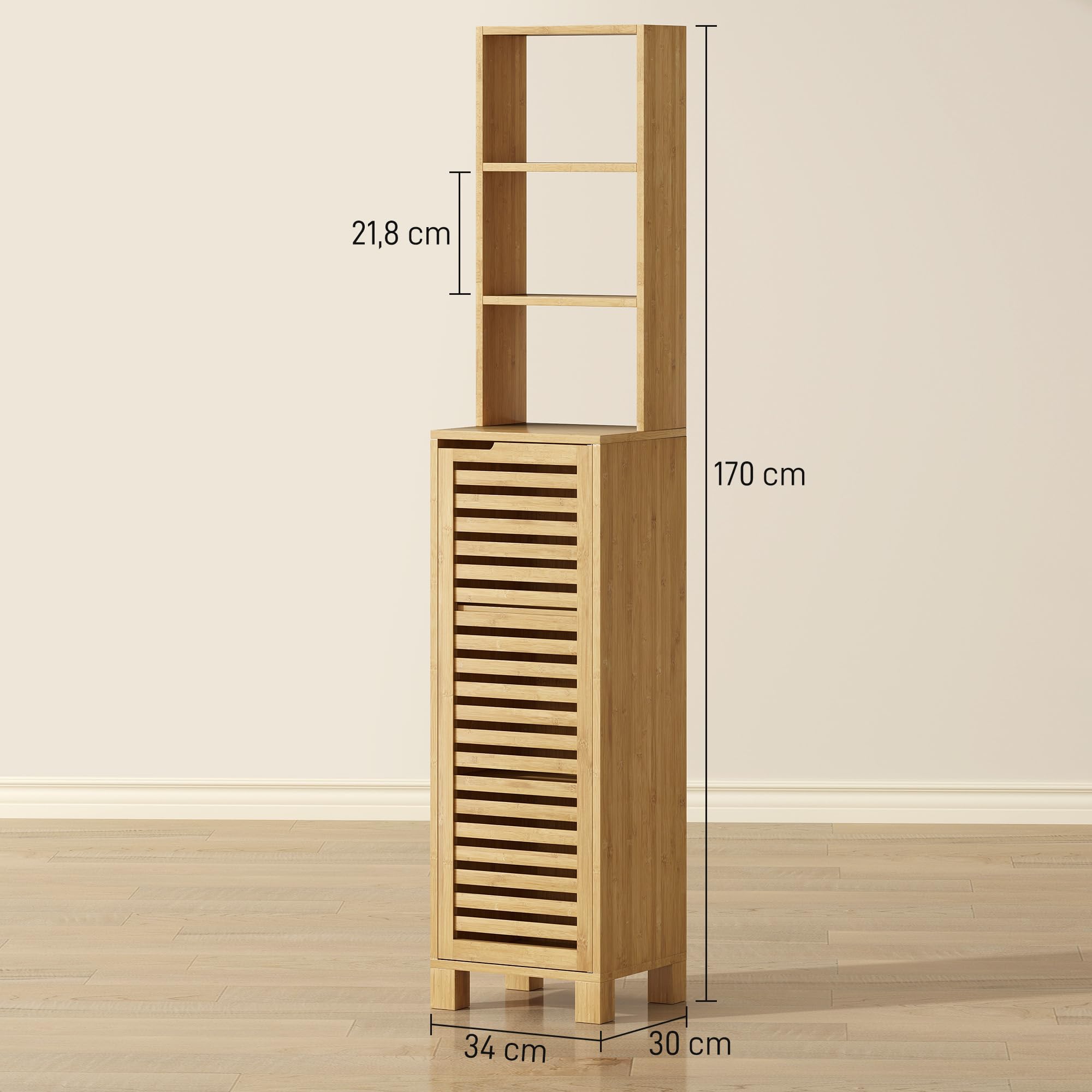 HOMCOM Armario de Baño de Bambú, Mueble Auxiliar, 34x30x170 cm Natural | Columna de Baño Estrecha, Estante Abierto, Puerta de Lamas, Estante Ajustable