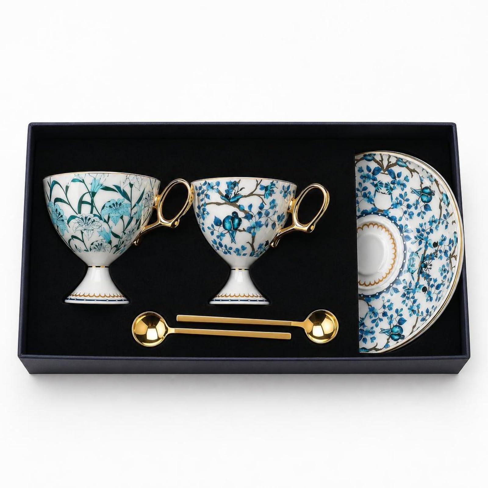 harayaa Juego de Tazas de Té con Platillos Tazas Platillos Cucharillas Cerámica con Florales y Aves Tono Dorado 220 Ml Adecuado para Té Sala de Estar Colección Regalo
