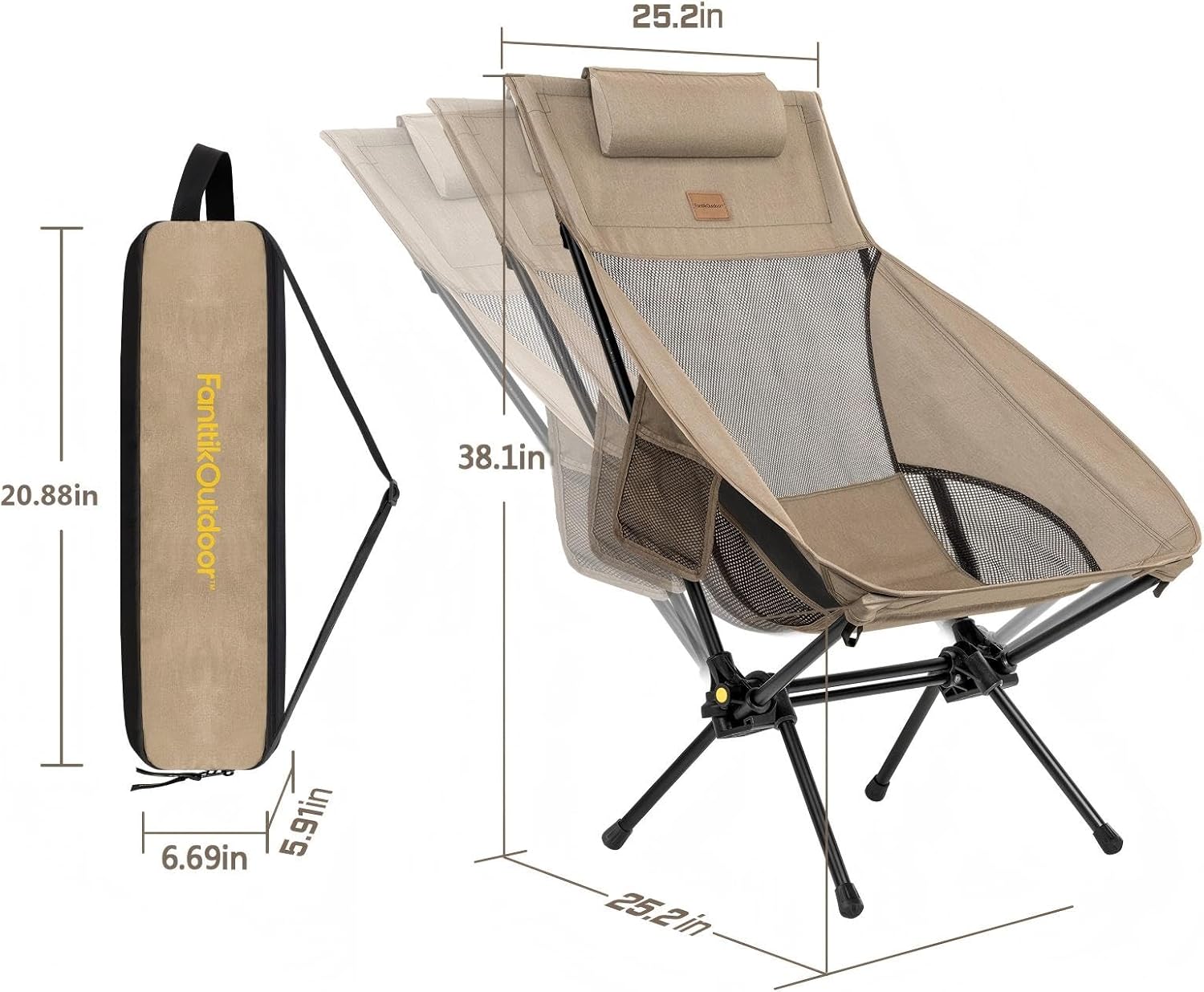 FanttikOutdoor Zeta L8 Max Camping Chair, Portable & Lightweight, Multi-Angle Adjustable, Supports up to 250 lbs, Comfort-Driven Design, High Strength Camping Chair for Travel, Hiking, Fishing, Khaki