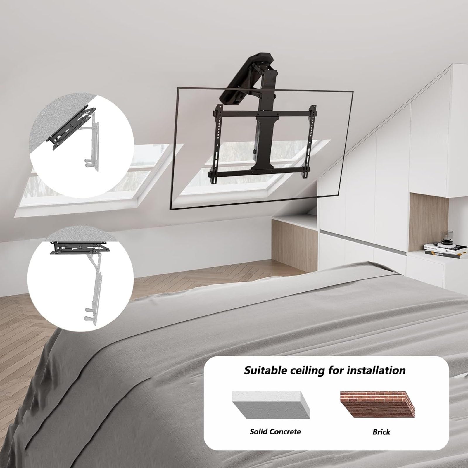 Supporto TV Elettrico da Soffitto - Supporto TV Motorizzato, Supporto TV da Parete, con Telecomando, Supporto TV Ribaltabile Nascosto, Supporto da Soffitto Pieghevole Retrattile(50-75 inch TV)