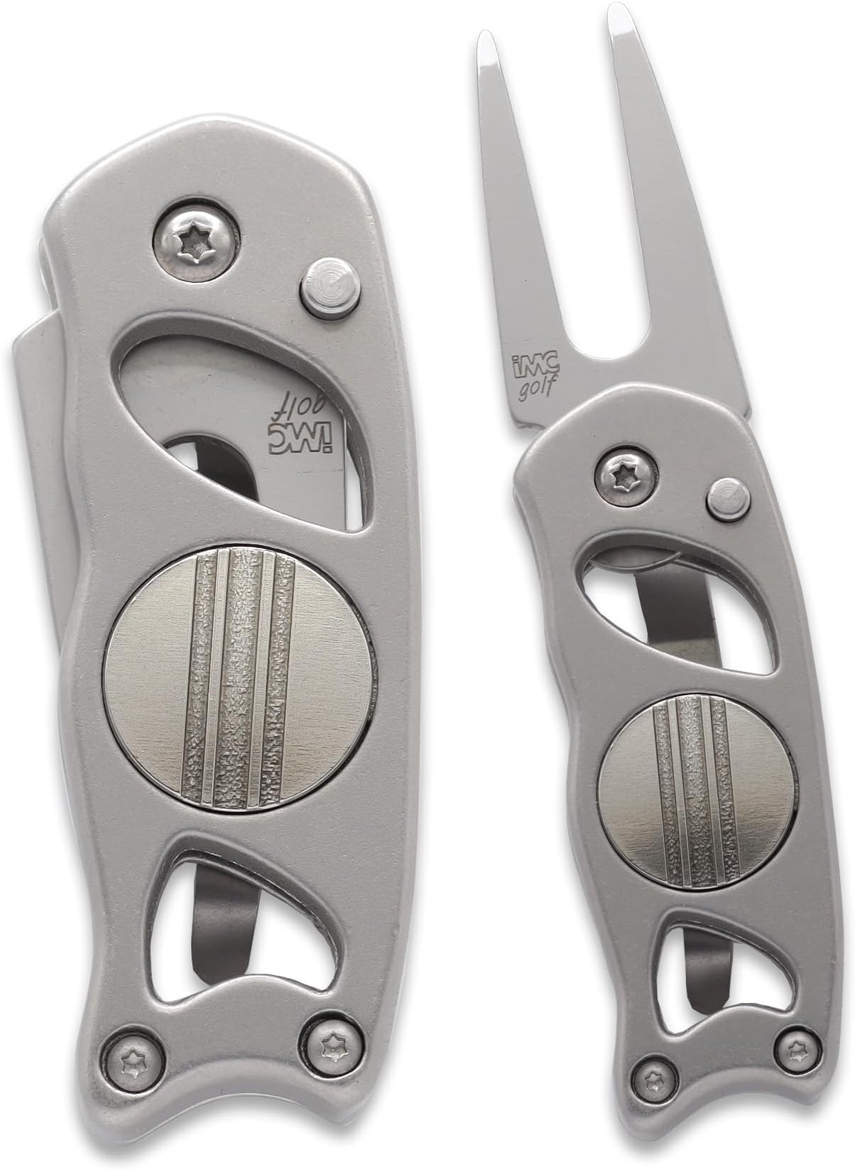 Switchblade Golf Divot Repair Tool Stainless Steel with Two Putting Alignment Ball Markers