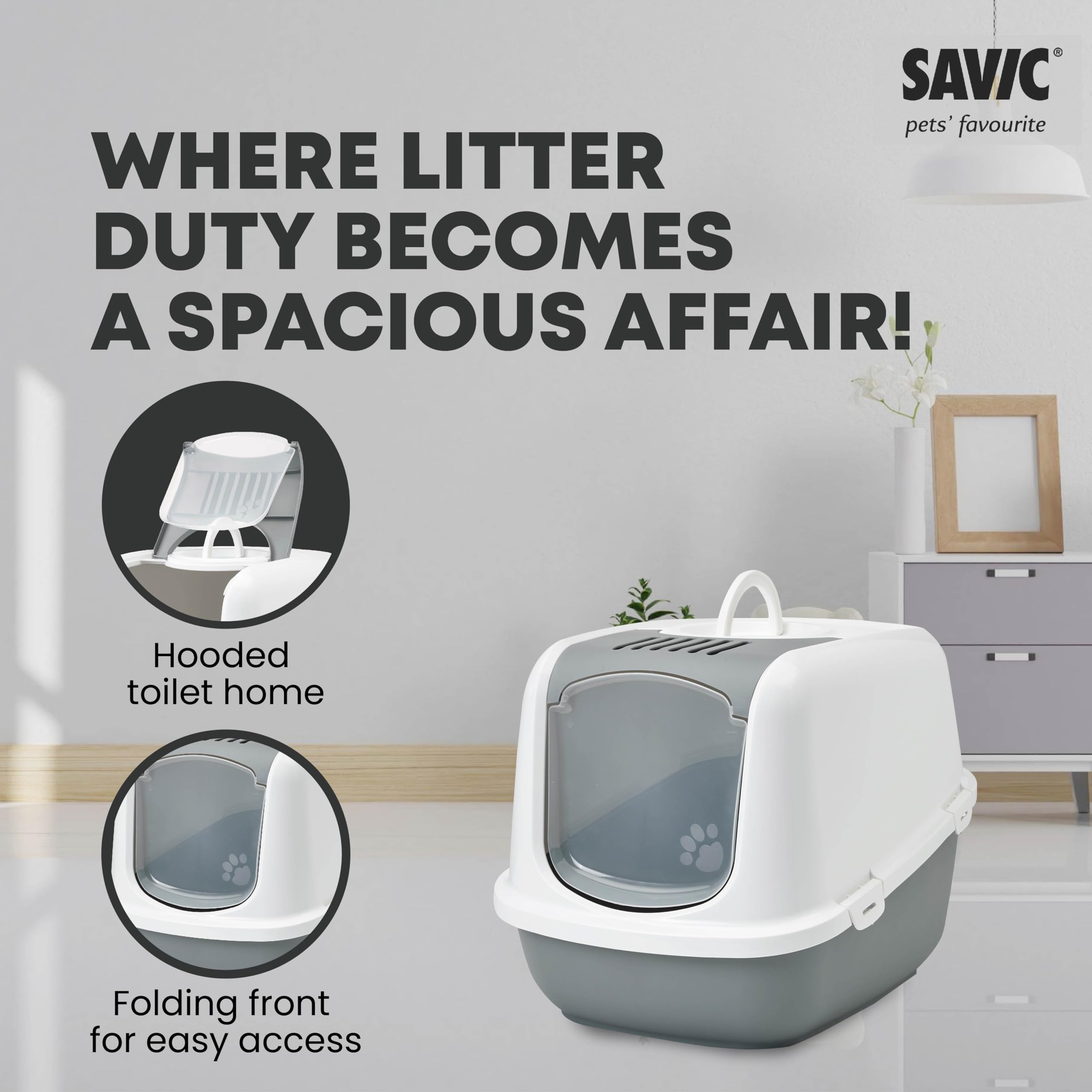 Savic Nestor Jumbo Covered Cat Litter Box, Enclosed Hooded Toilet with Flip Up Door, Odor Control Tray, Easy Clean Large Litter Box House Cold Grey 26x19x18 Inch 1