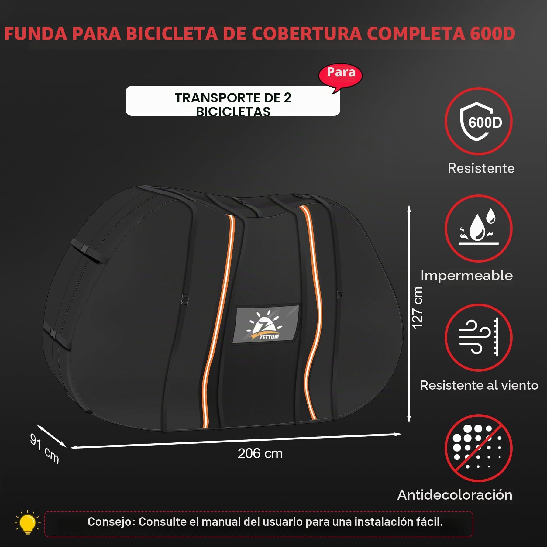 Zettum Funda de Transporte Exterior para 2 Bicicletas, 600D Oxford Funda de bicicleta de Cobertura Total, Resistente e Impermeable Funda Protectora para Bicicleta en el Portabicicletas Trasero