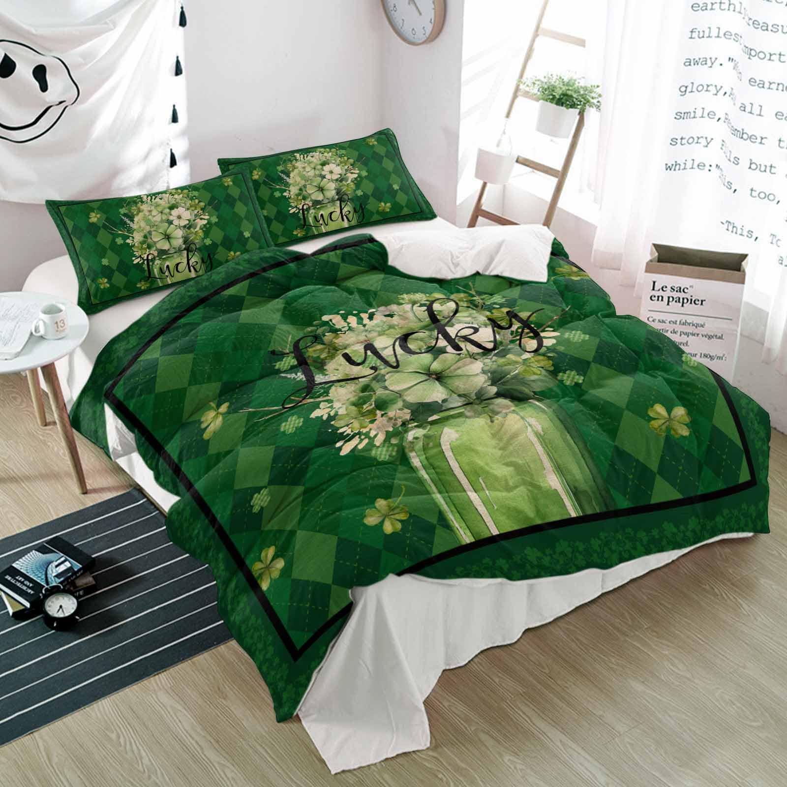 3 Piece Bed Set St Patricks Day Green Lucky Clover Leaves Ultra Soft Breathable Duvet Cover and Pillow