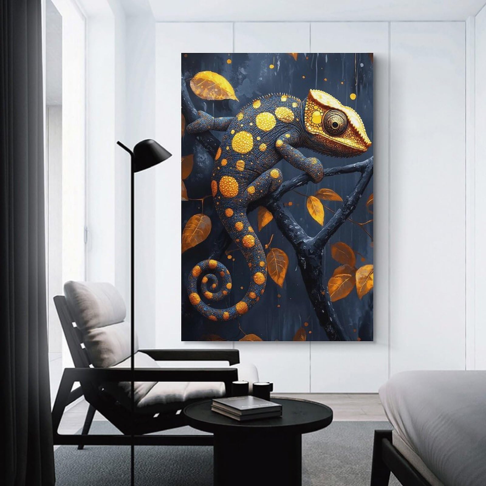 Junmoney Unframe-Style-21 Chameleon On Branch With Golden Leaves Hanging Wall Art, 24X36inch(60X90cm), For Bedroom Decor, Cosy Corners Or Studios, An Easy Wall Refresh For Bedrooms