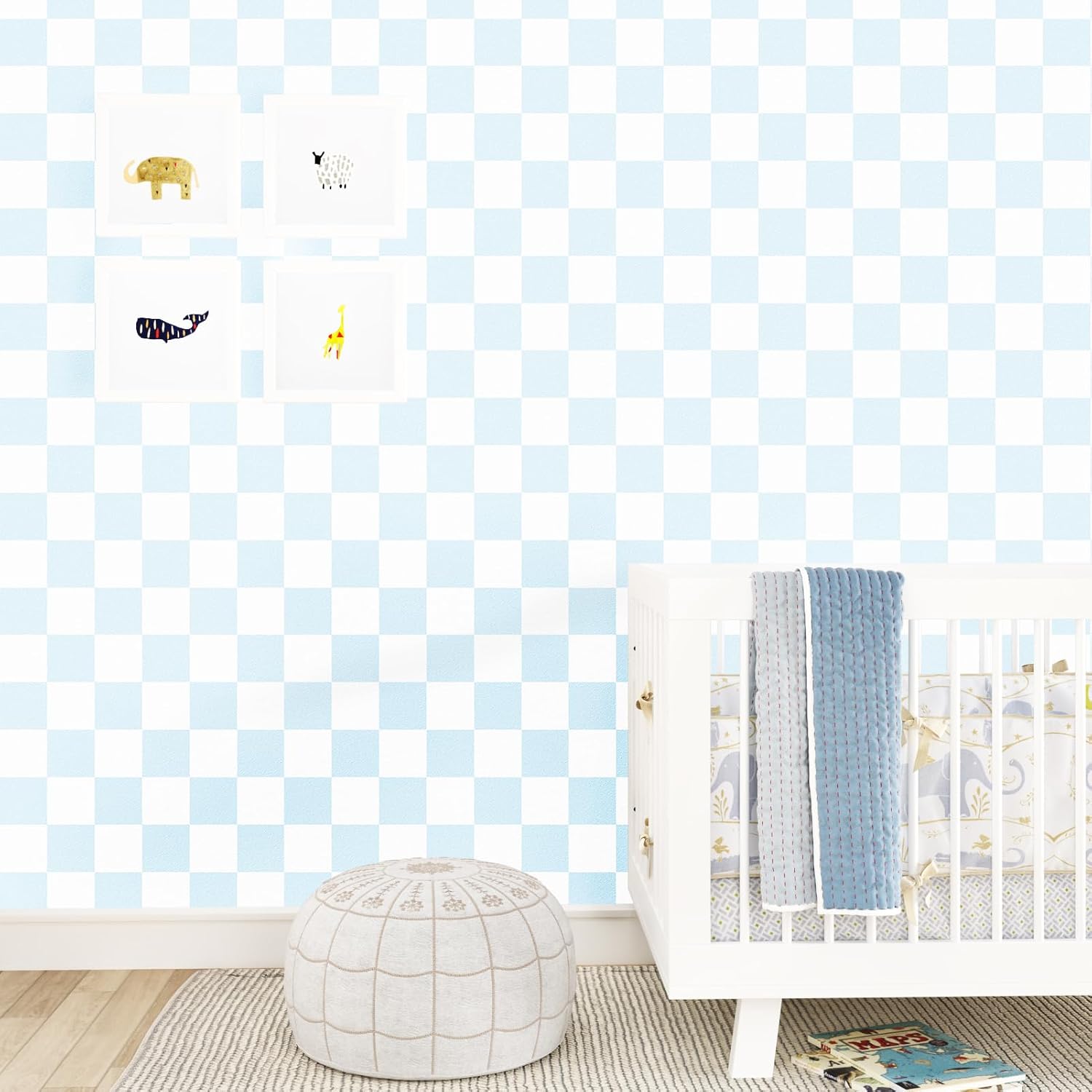 Blue/White Checkered Peel and Stick Wallpaper Modern Plaid Wallpaper Removable Fun Checkered Decorative Contact Paper Light Blue Checkerboard Wall Paper for Bedrooms Bathroom Walls 17.5"x315"