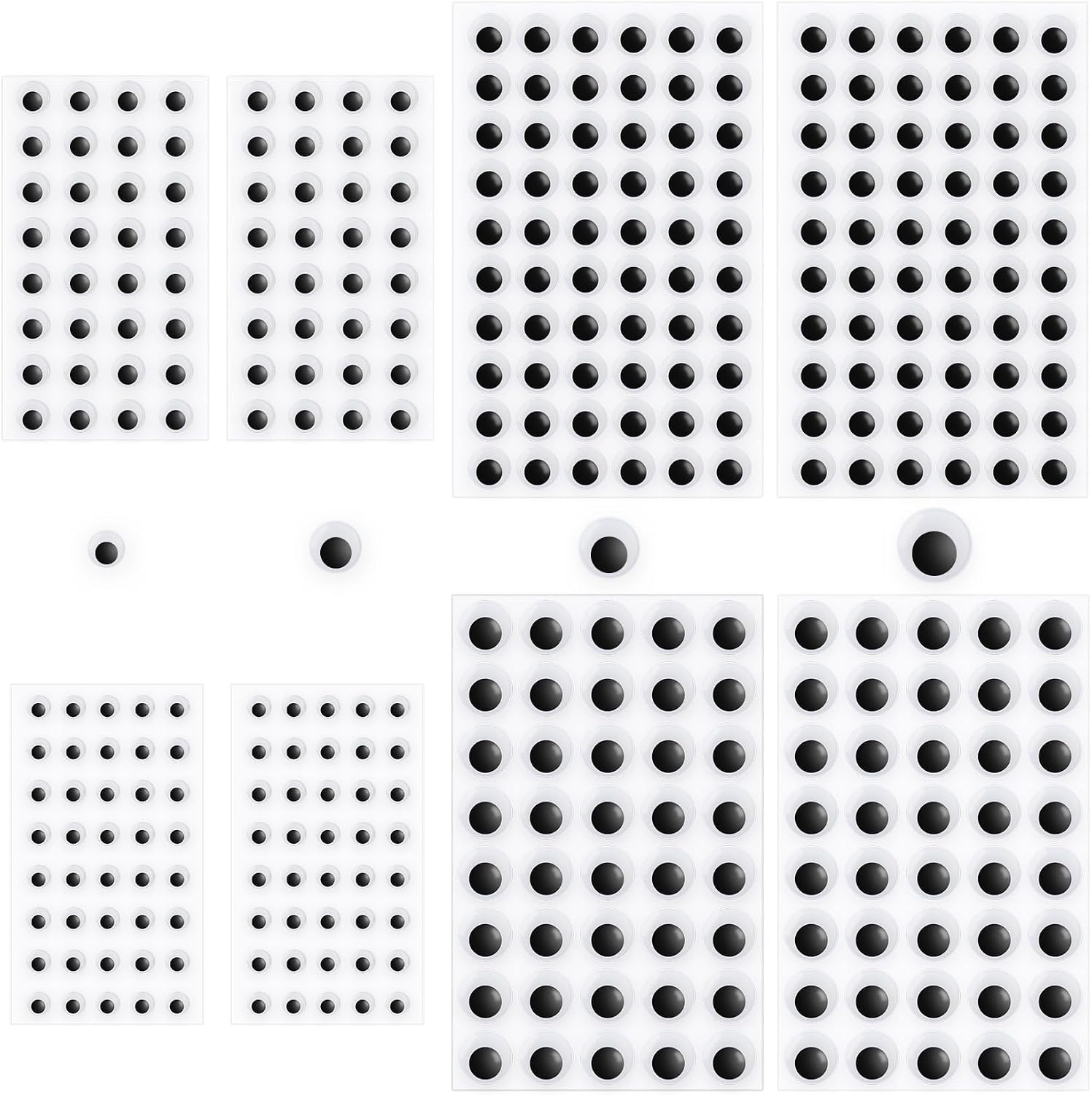 Googly Eyes Stickers, 8 Sheets Self Adhesive Wiggle Googly Eyes for Crafts, Black White Wiggle Eye Assorted Small Size 8mm 10mm 12mm 15mm for DIY Doll Making Sewing Decoration, Easy Peel and Stick