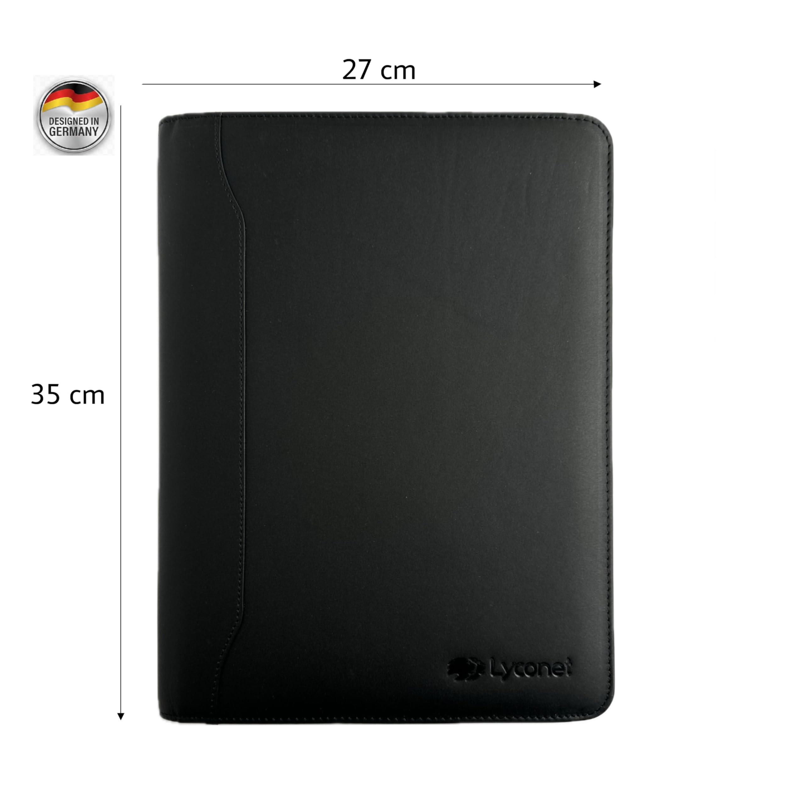 Porte-documents A4 en cuir de vachette véritable avec fermeture éclair, bloc-notes et compartiments